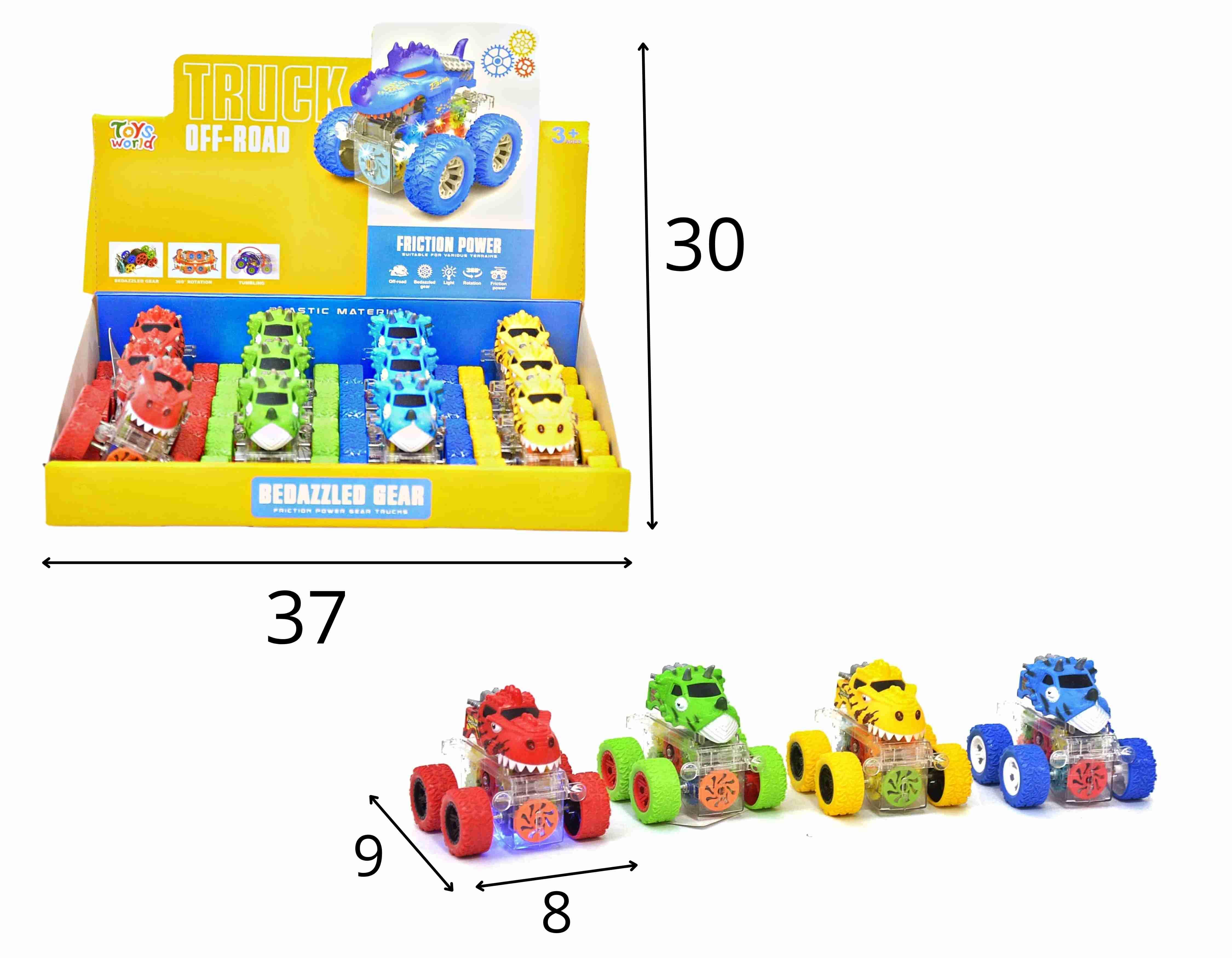 C - KIT CARROS DINOSSAURO A FRICCAO COM LUZ E SUSPENSAO MOSTRANDO AS ENGRENAGENS COLORIDAS, MODELOS VARIADOS (CAIXA FECHADA R$ 17,69 + FT -> 36 PEÇAS)