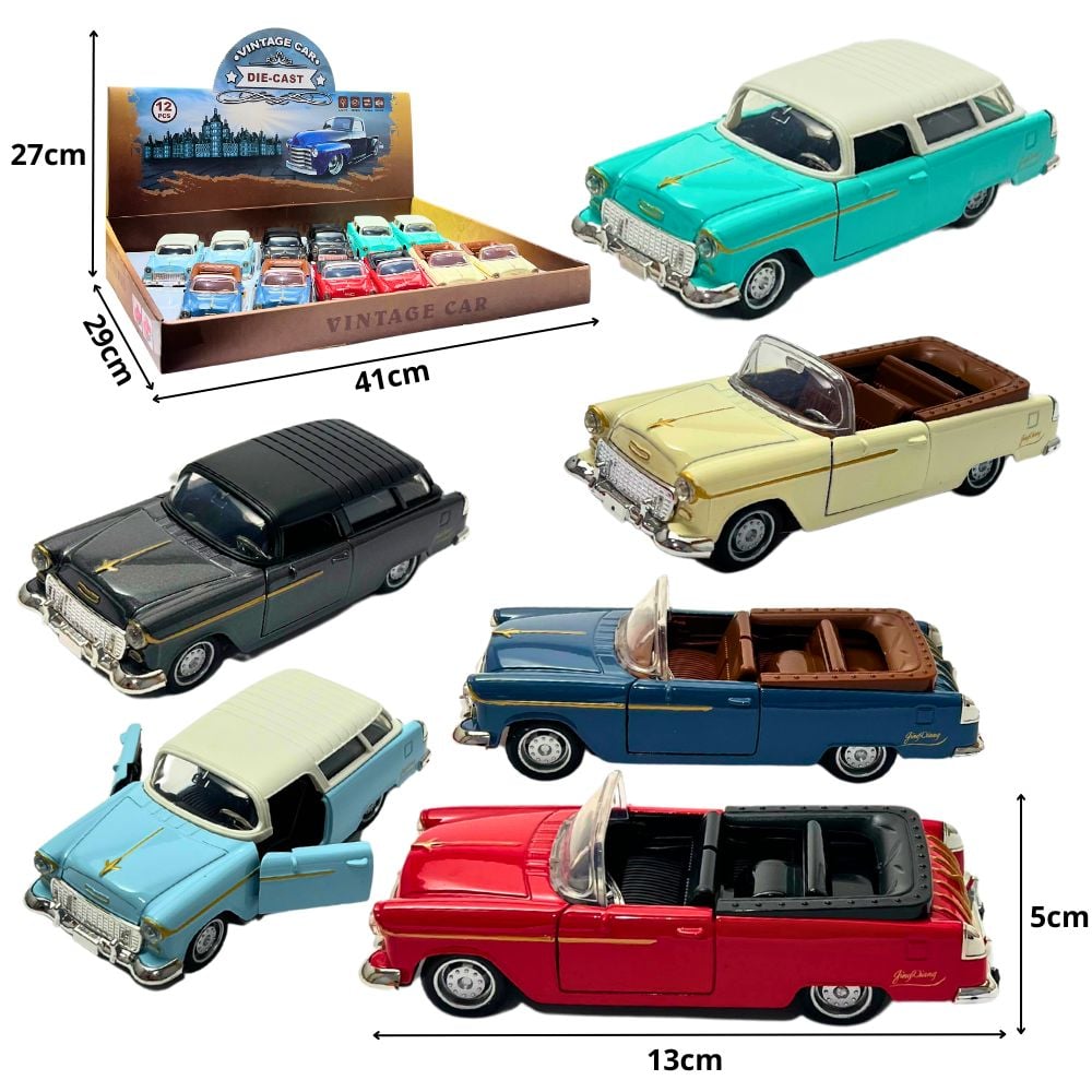C - KIT COLEÇÃO CARROS ANTIGOS DE METAL Á FRICÇÃO C CORES E MODELOS VARIADOS NO DISPLAY C/ 12 PÇS