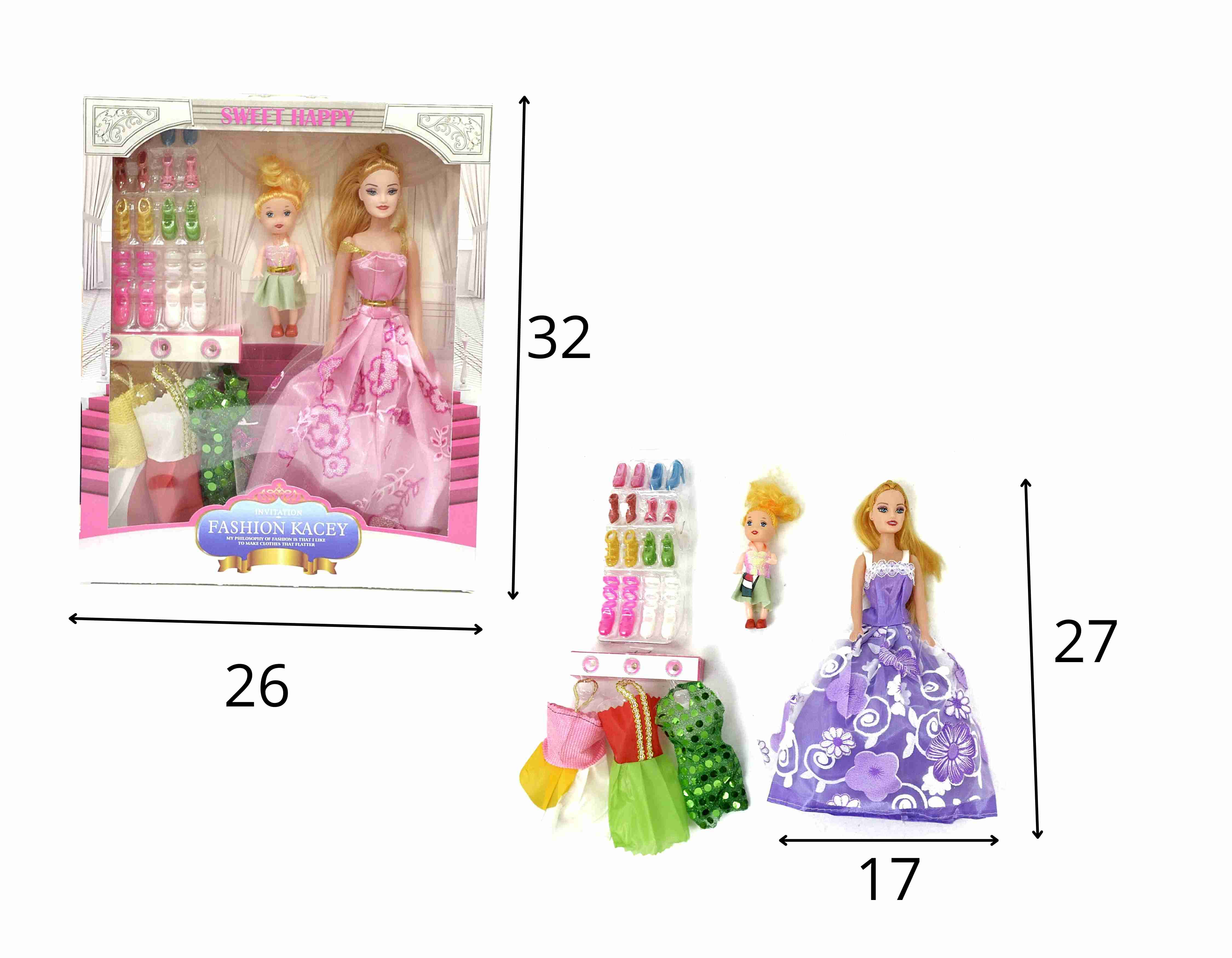 C - BONECA COM JOGO DE SAPATOS, VESTIDOS E FILHA 