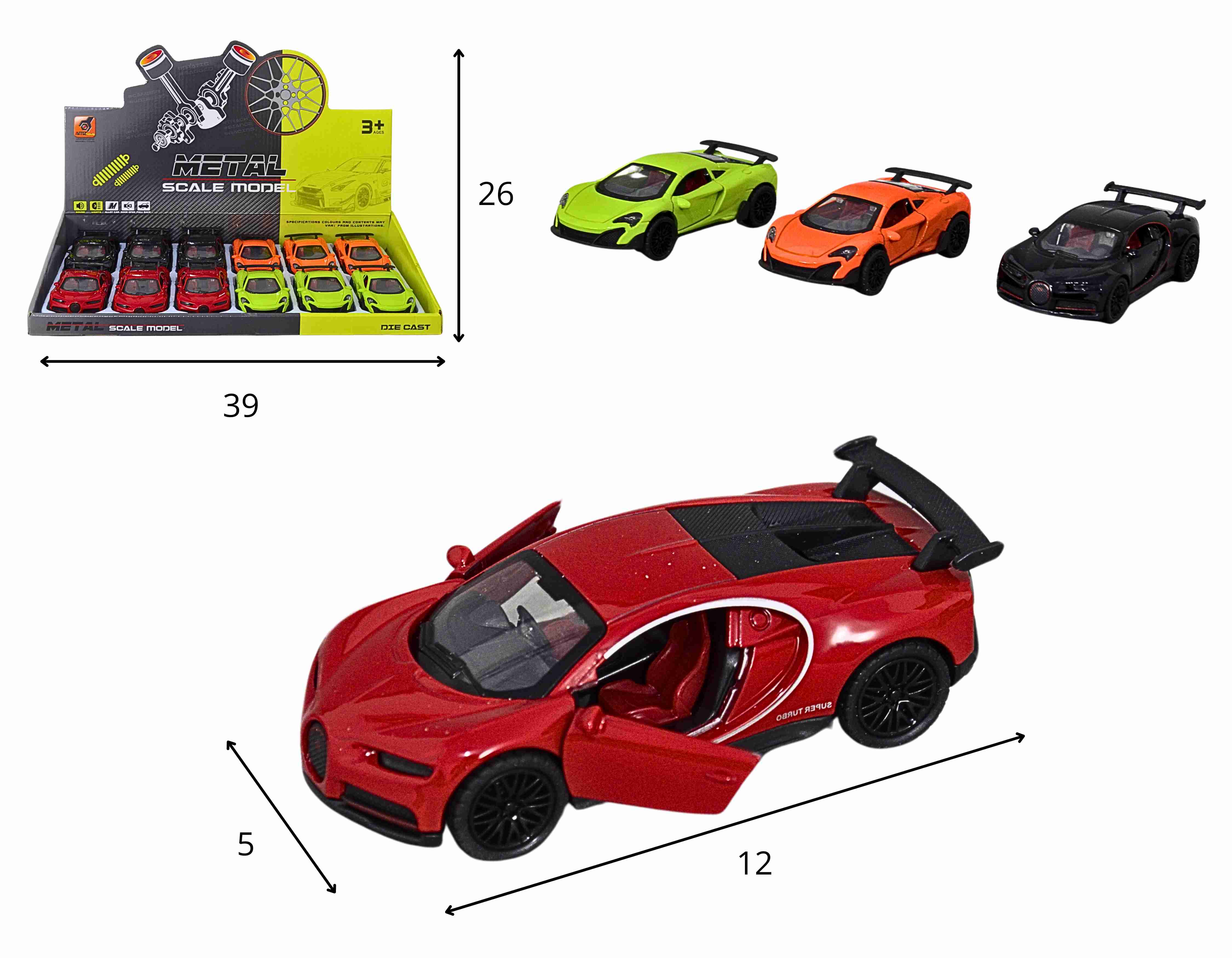 C - KIT COLEÇÃO FERRARI E BUGATTI DE METAL COM CORES VARIADAS NO DISPLAY C/ 12 PEÇAS