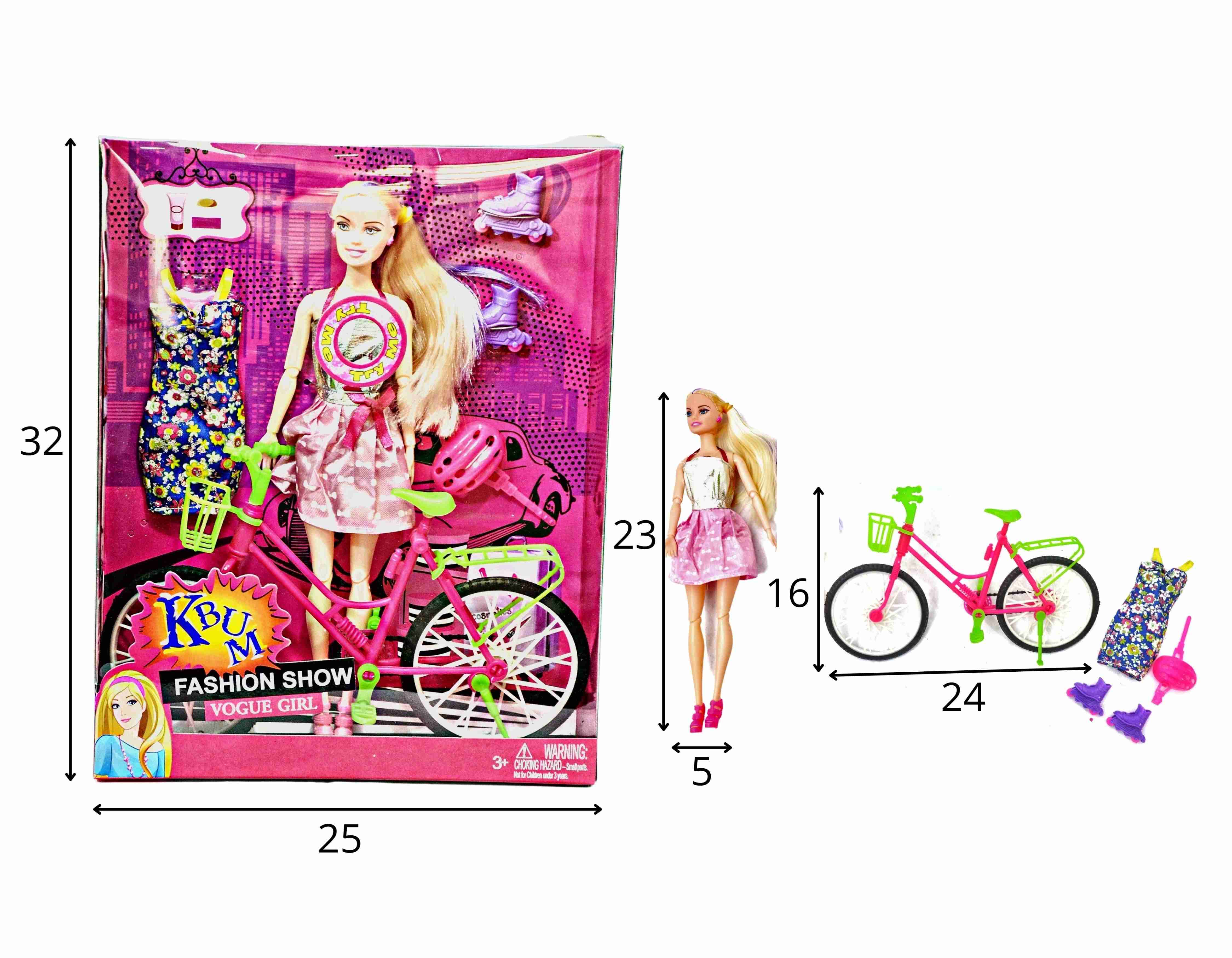 C - BONECA RÉPLICA DA BARBIE COM SOM, LUZ,  BICICLETA, PATINS, VESTIDO EXTRA E ACESSÓRIOS 