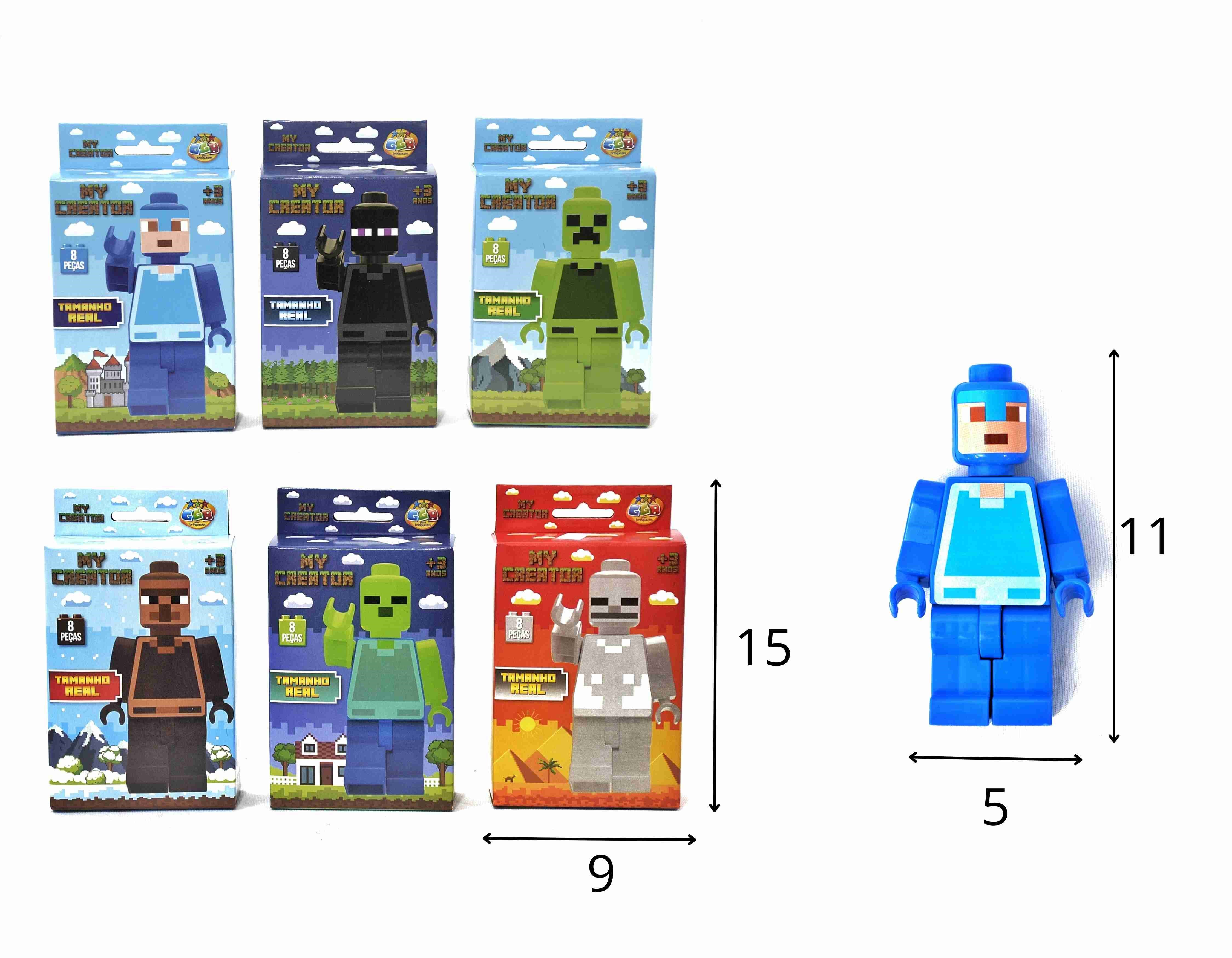 C - BONECO DE MONTAR MINECRAFT COM 6 PERSONAGENS VARIADOS (8 PECAS)