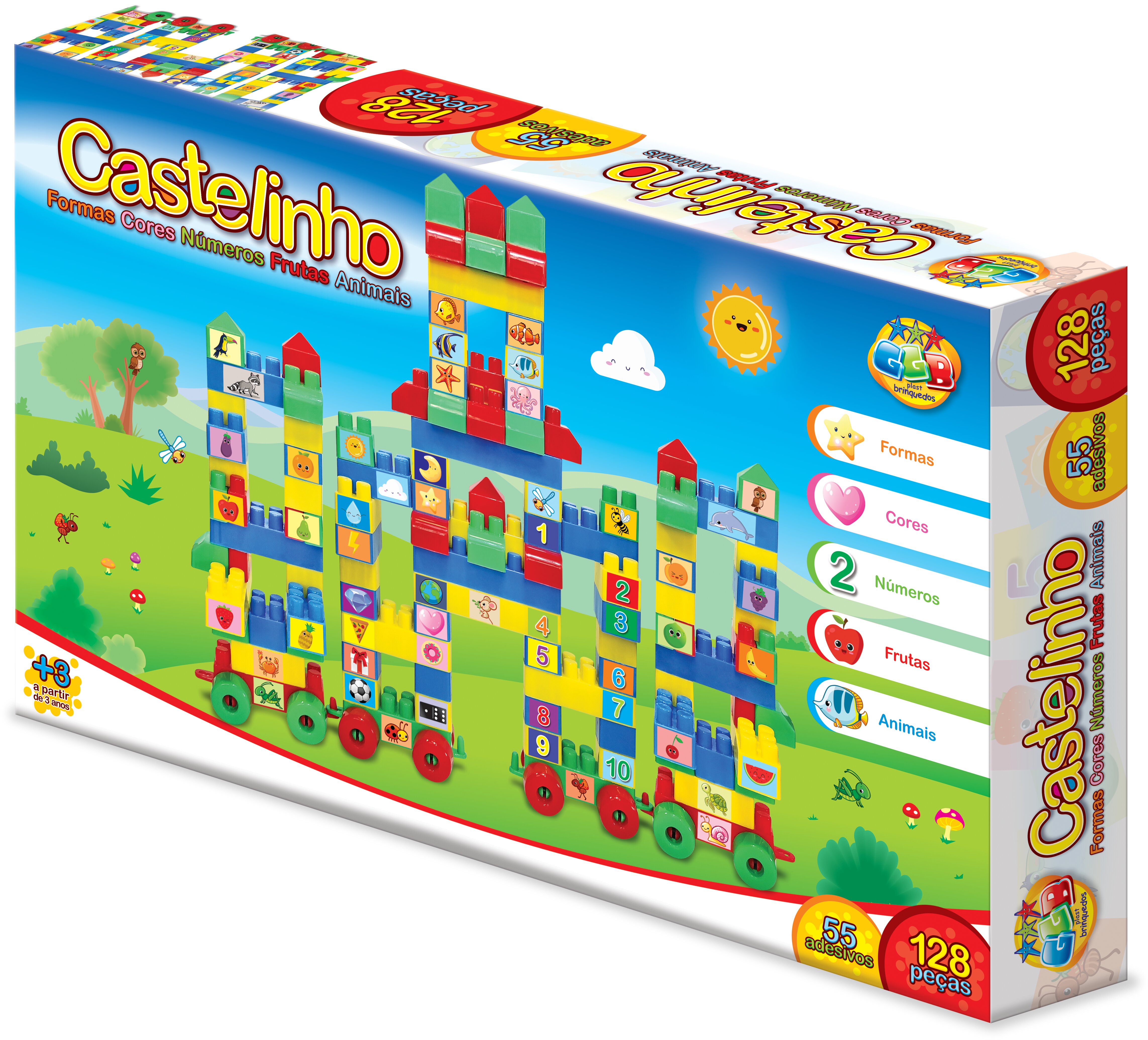 X - BLOCOS DE MONTAR CASTELINHO COM 128 PCS E 55 ADESIVOS