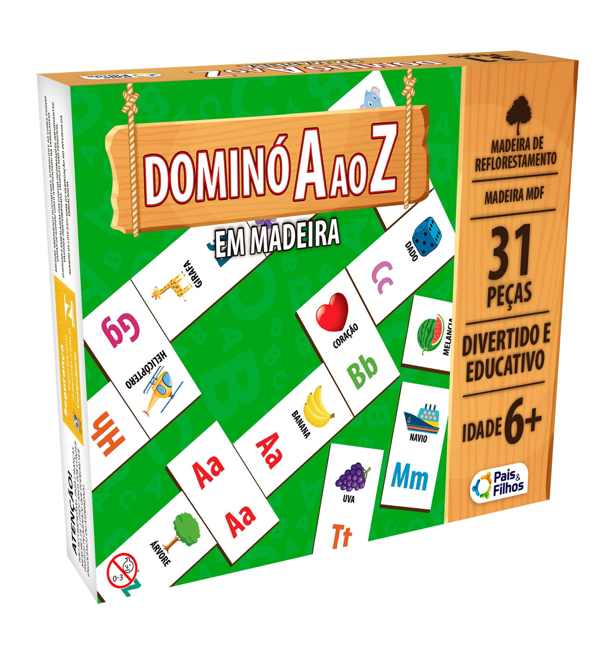 X - JOGO DOMINO A AO Z EM MADEIRA MDF C/ 31 PECAS 