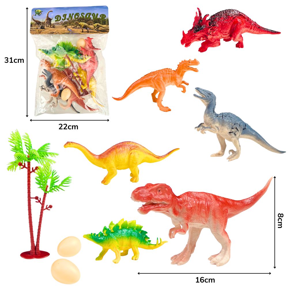 A - KIT ANIMAIS DINOSSAUROS GRANDES, COM 6 PEÇAS E 2 OVINHOS E PLANTA