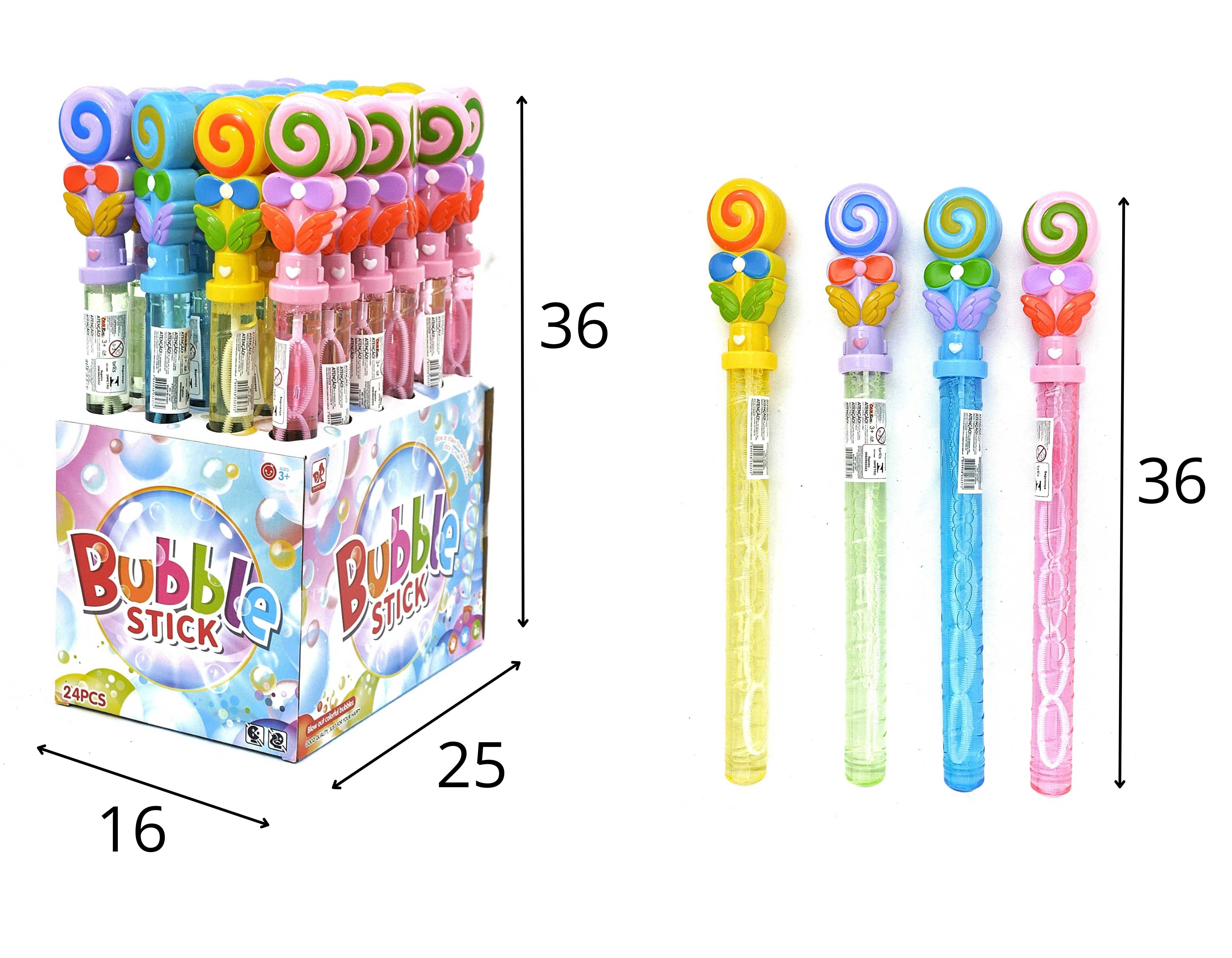B - BASTÃO BOLHAS DE SABÃO MODELO PIRULITO NO DISPLAY COM 24 PEÇAS E CORES VARIADAS 