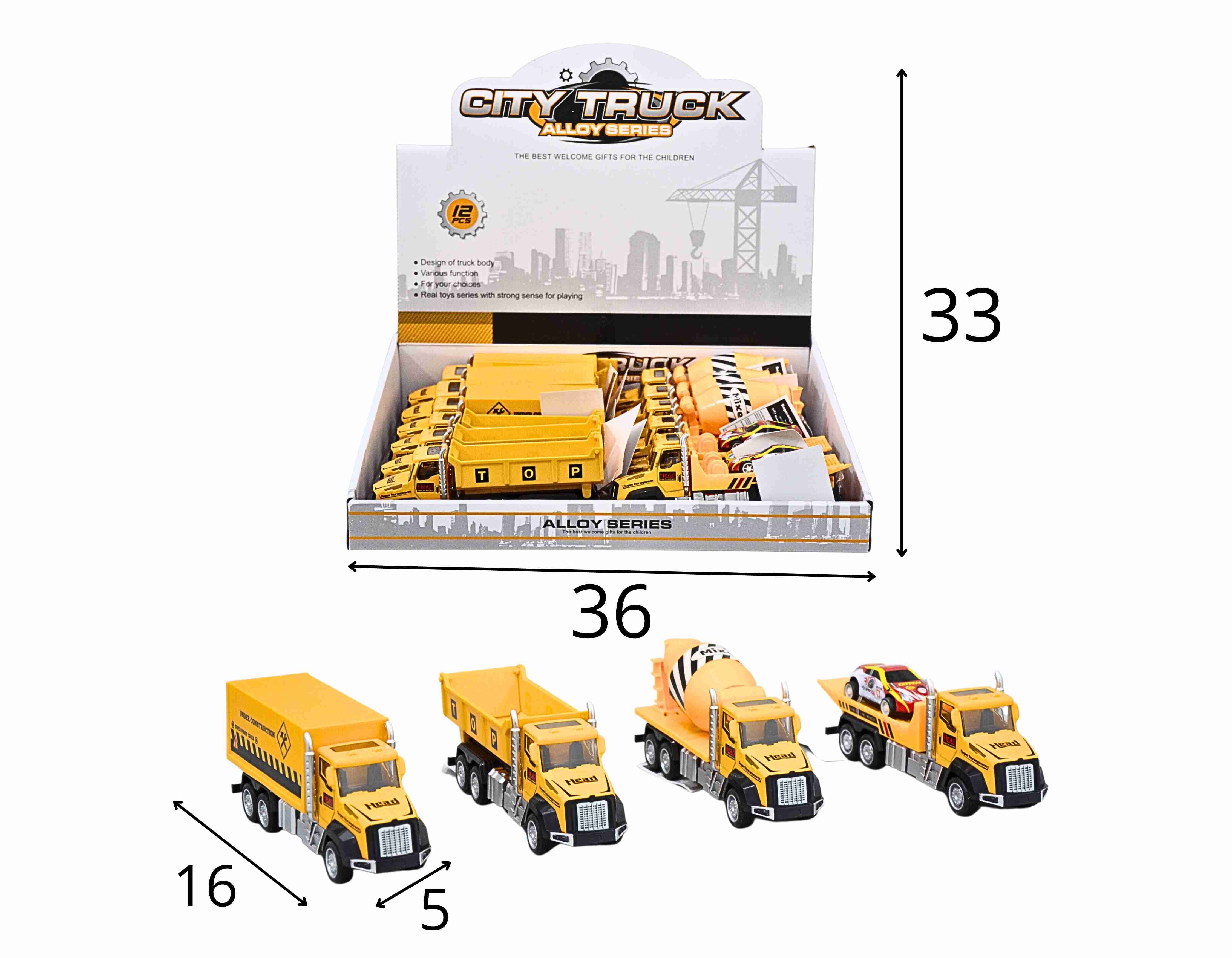 C - KIT COLEÇÃO CAMINHAO DE CONSTRUCAO COM CABINE DE METAL E MODELOS VARIADOS NO DISPLAY C/ 12 PCS