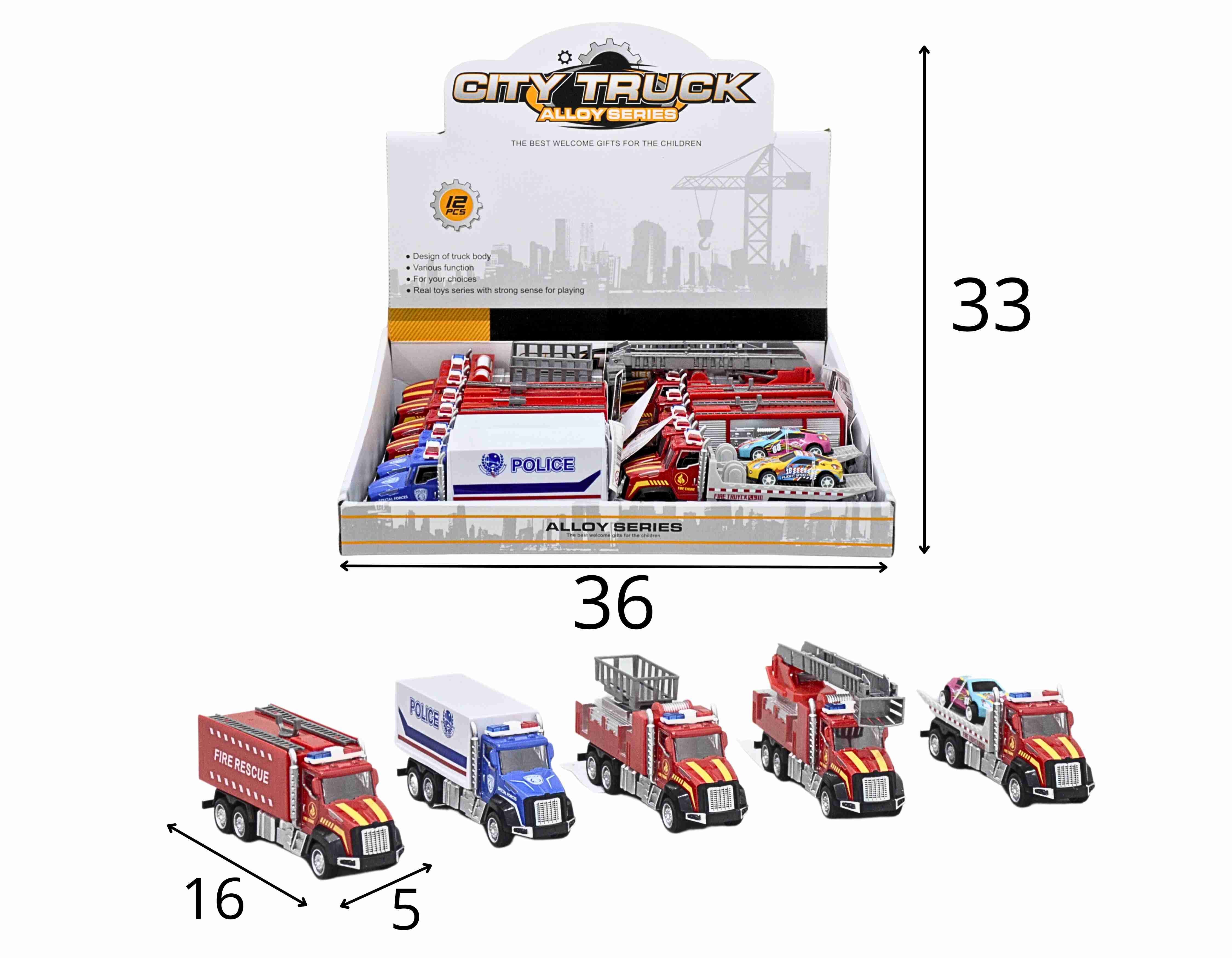 C - KIT COLEÇÃO CAMINHAO DE BOMBEIRO/POLICIA COM CABINE DE METAL E MODELOS VARIADOS NO DISPLAY C/ 12 PCS