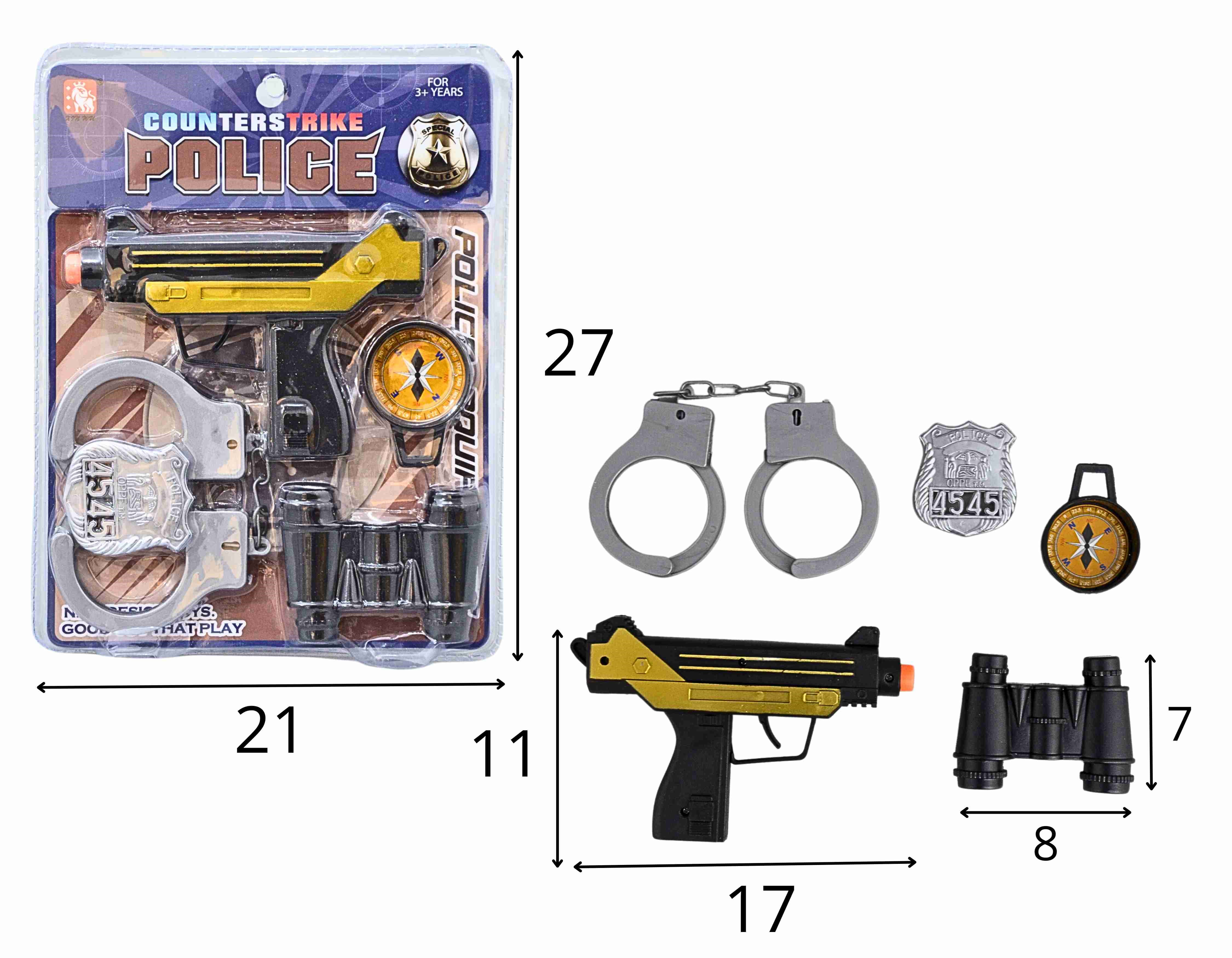 G - KIT POLICIA COM PISTOLA, ALMEGA, DISTINTIVO, BINOCULO E BUSSOLA