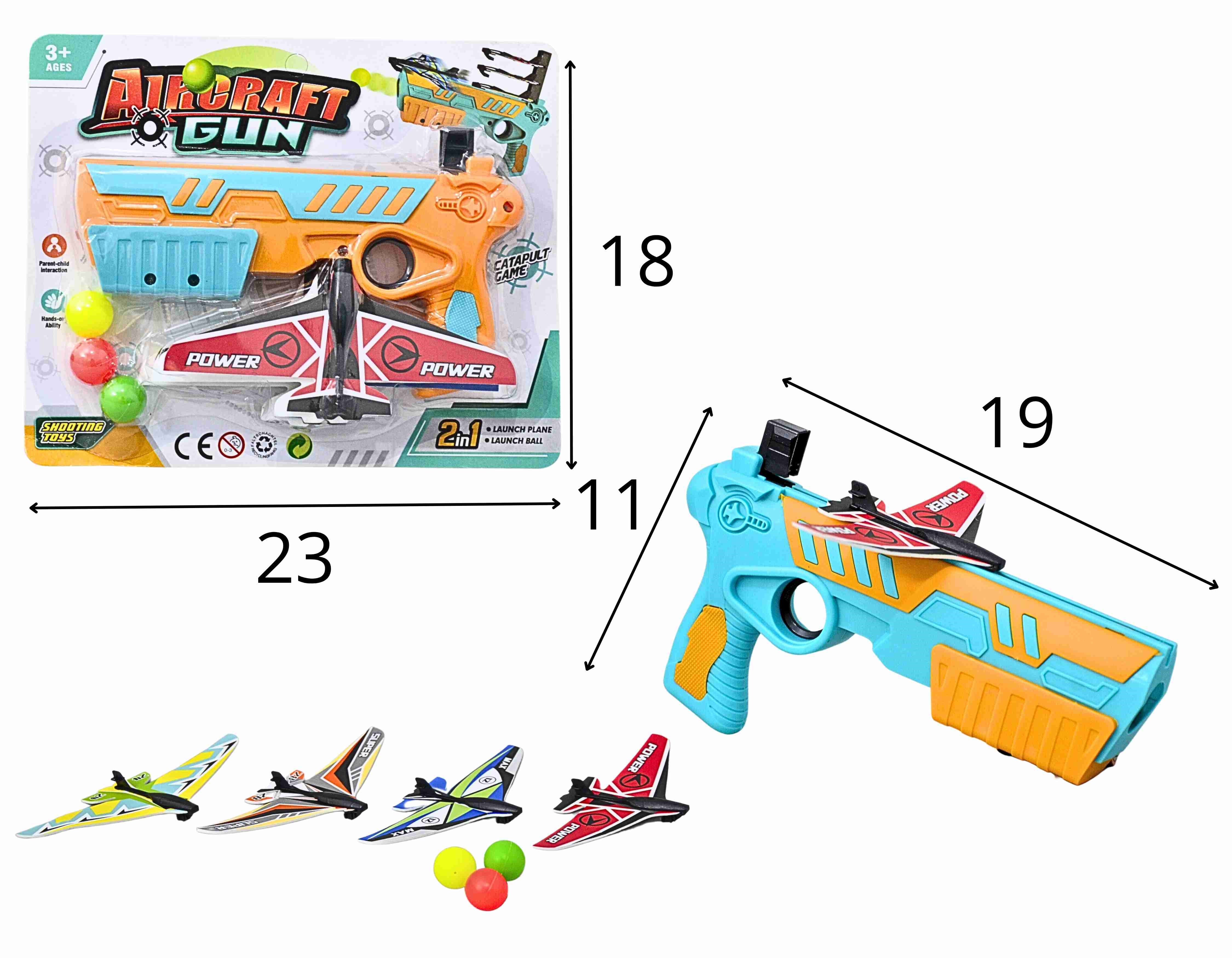G - PISTOLA LANCA AVIAO E BOLINHAS COM 4 AVIOES E 3 BOLINHAS