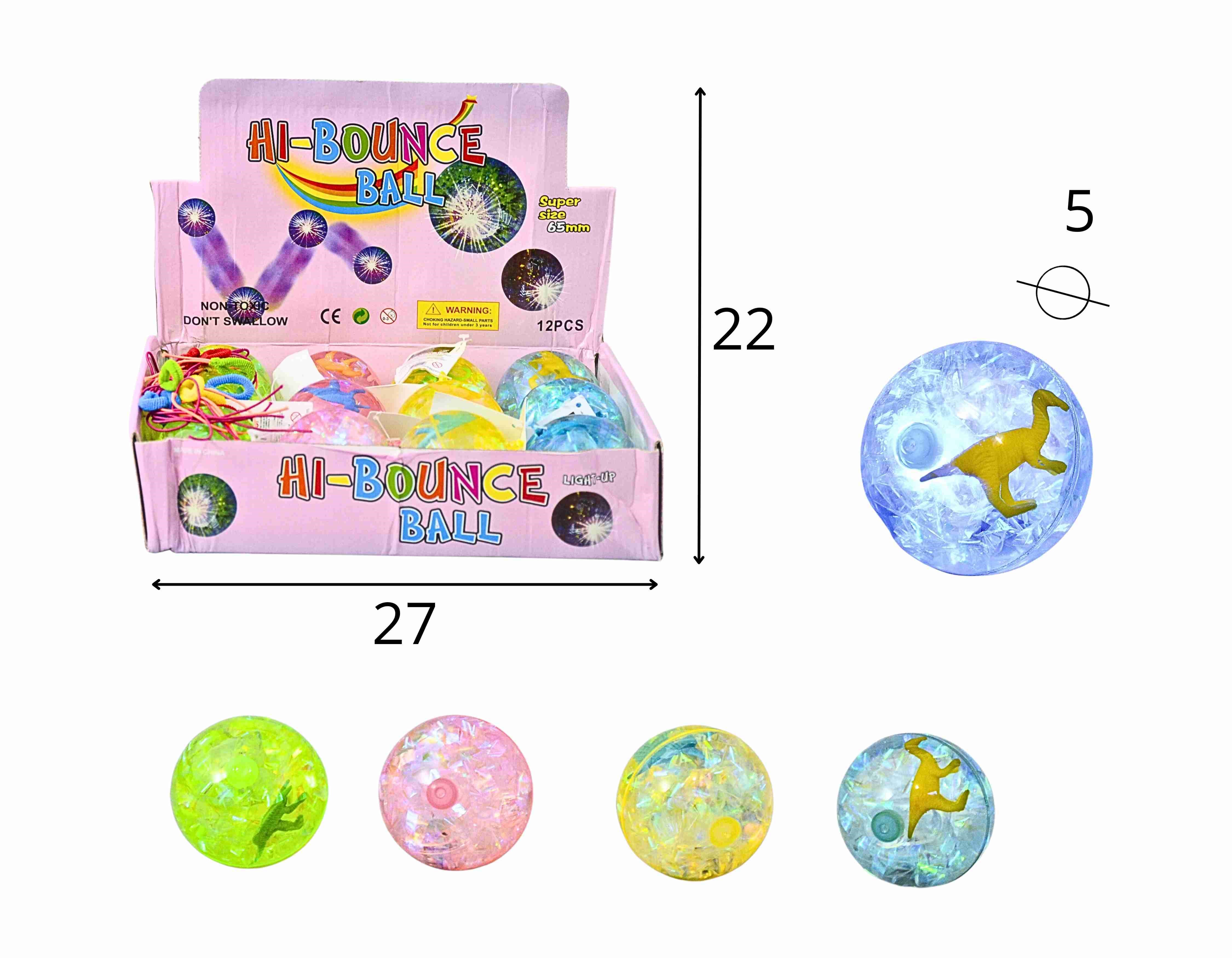 B - BOLA DE BORRACHA TRANSPARENTE COM DINOSSAURO DENTRO E LUZ (CORES VARIADAS)