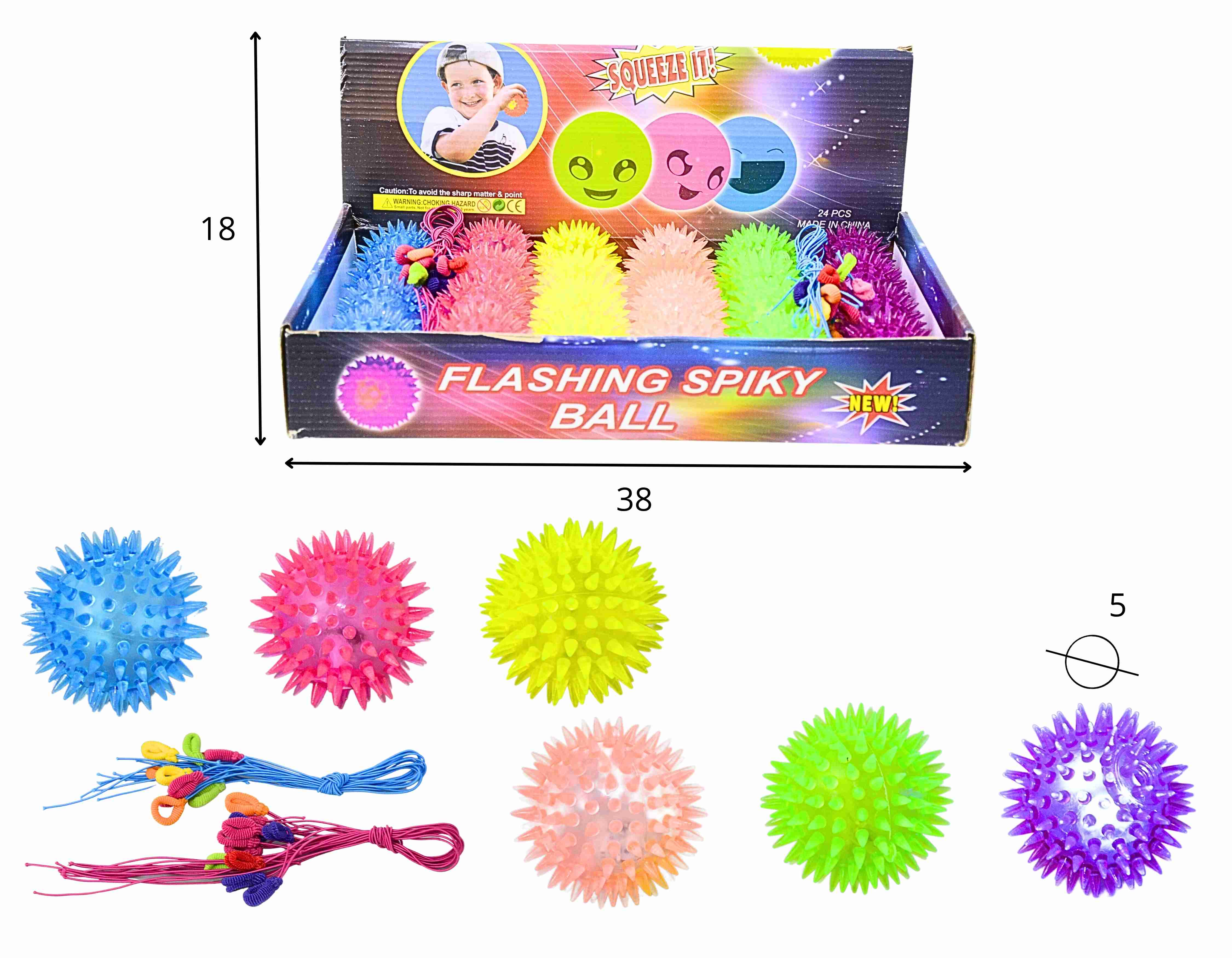 B - BOLA DE APERTAR COM SOM, ILUMINAÇÃO E CORES VARIADAS NO DISPLAY C/ 24 PCS