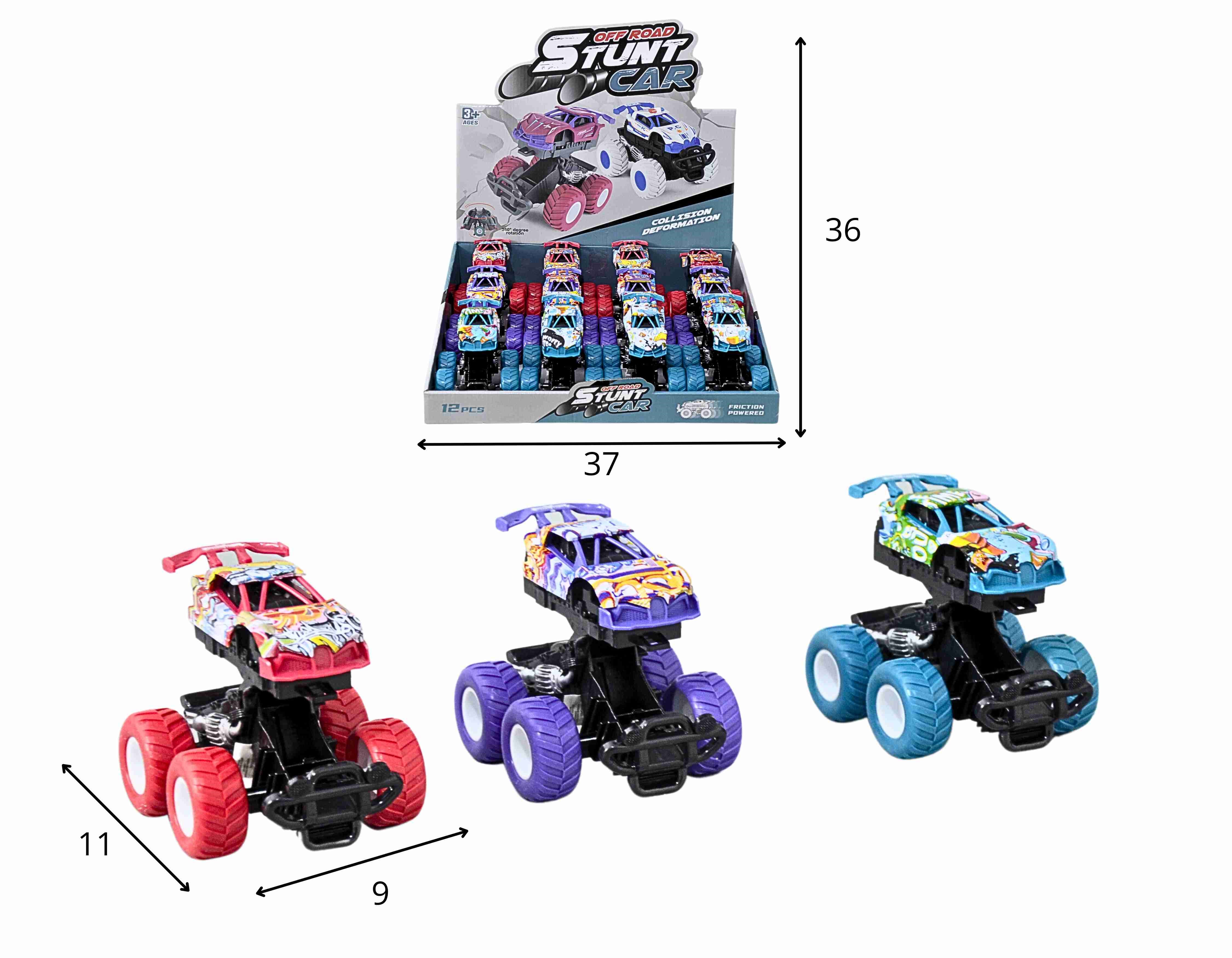 C - KIT CARROS BIG FOOT A FRICCAO, COM CORES VARIADAS, QUANDO BATE LEVANTA A SUSPENSAO