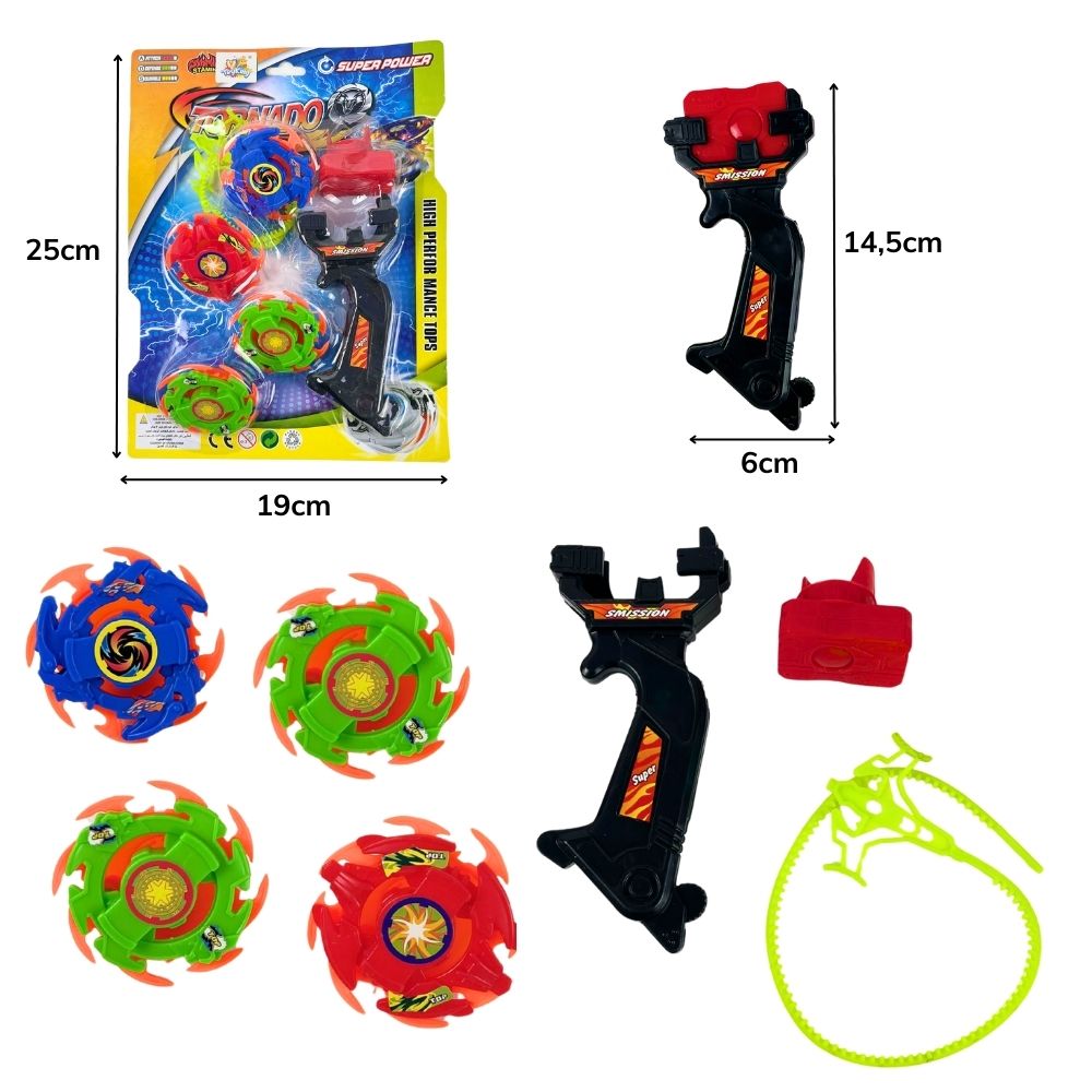 A - KIT COM 4 BEYBLADE E LANÇADOR GRANDE COM CORES VARIADAS