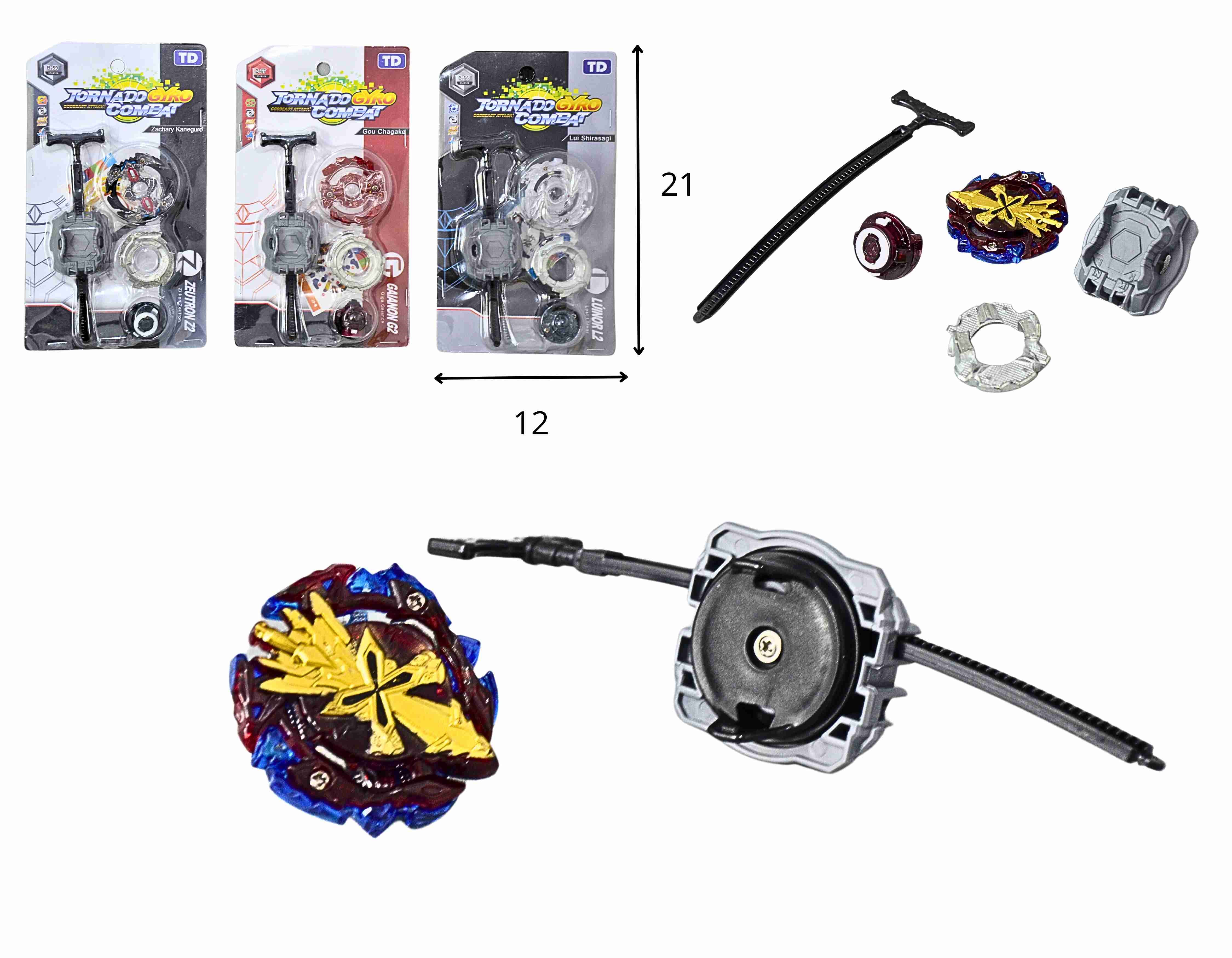 B - BEYBLADE DE METAL INDIVIDUAL COM LANCADOR NA CARTELA COM MODELOS VARIADOS