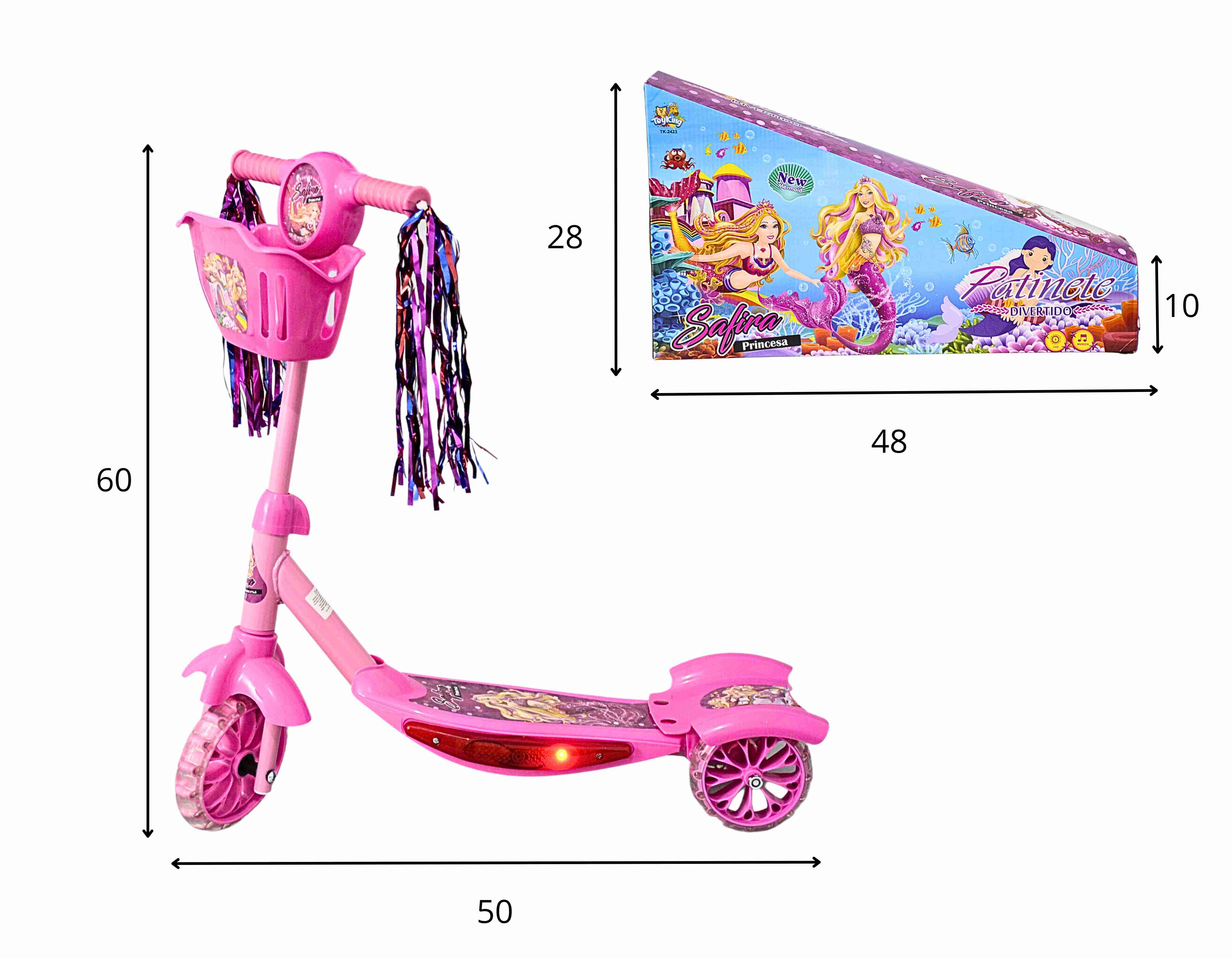 F - PATINETE SEREIAS COM 3 RODAS, CESTA, SOM E LUZ
