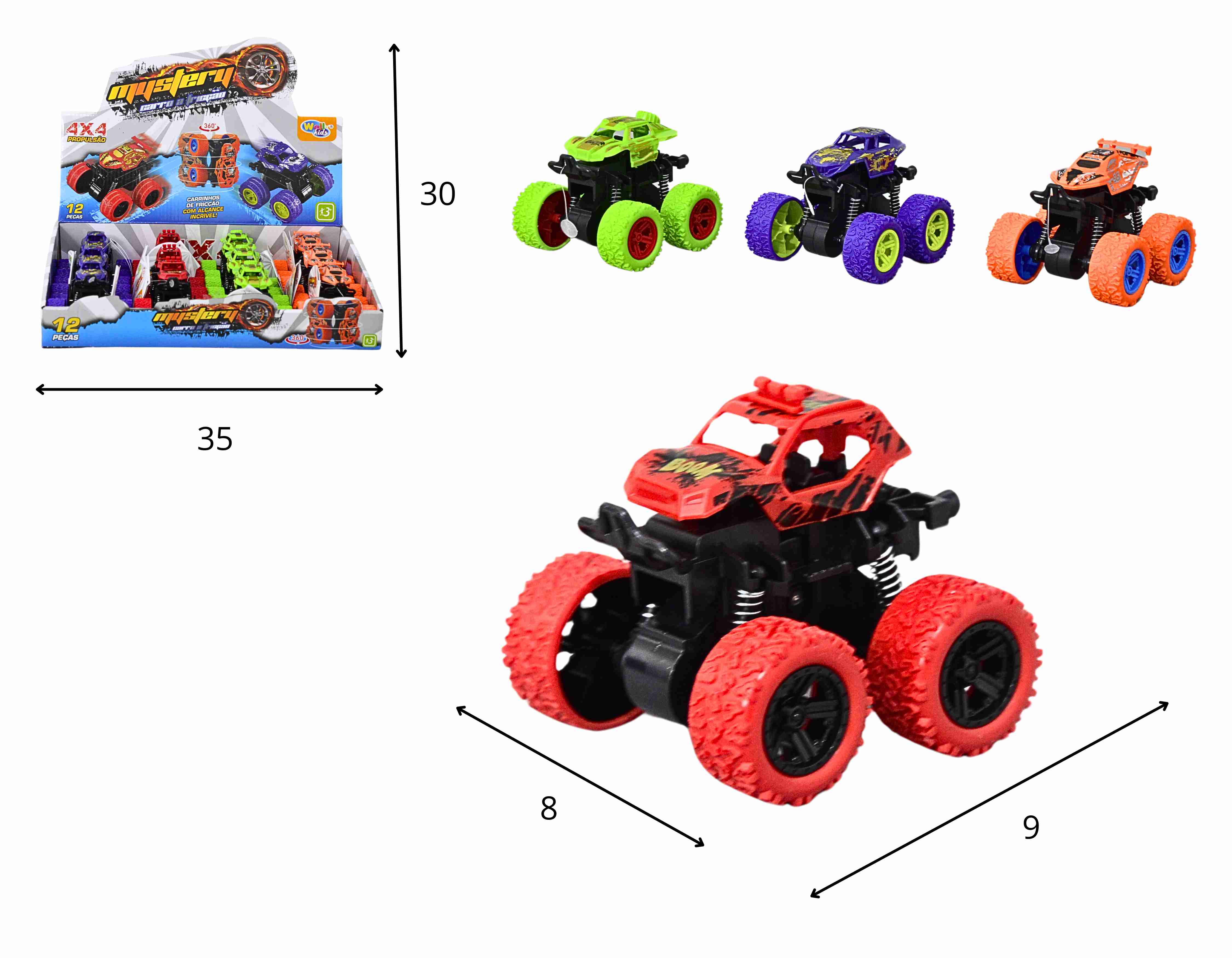 C - KIT CARROS BIG FOOT A FRICCAO, COM CORES VARIADAS E SUSPENSAO MOVEL