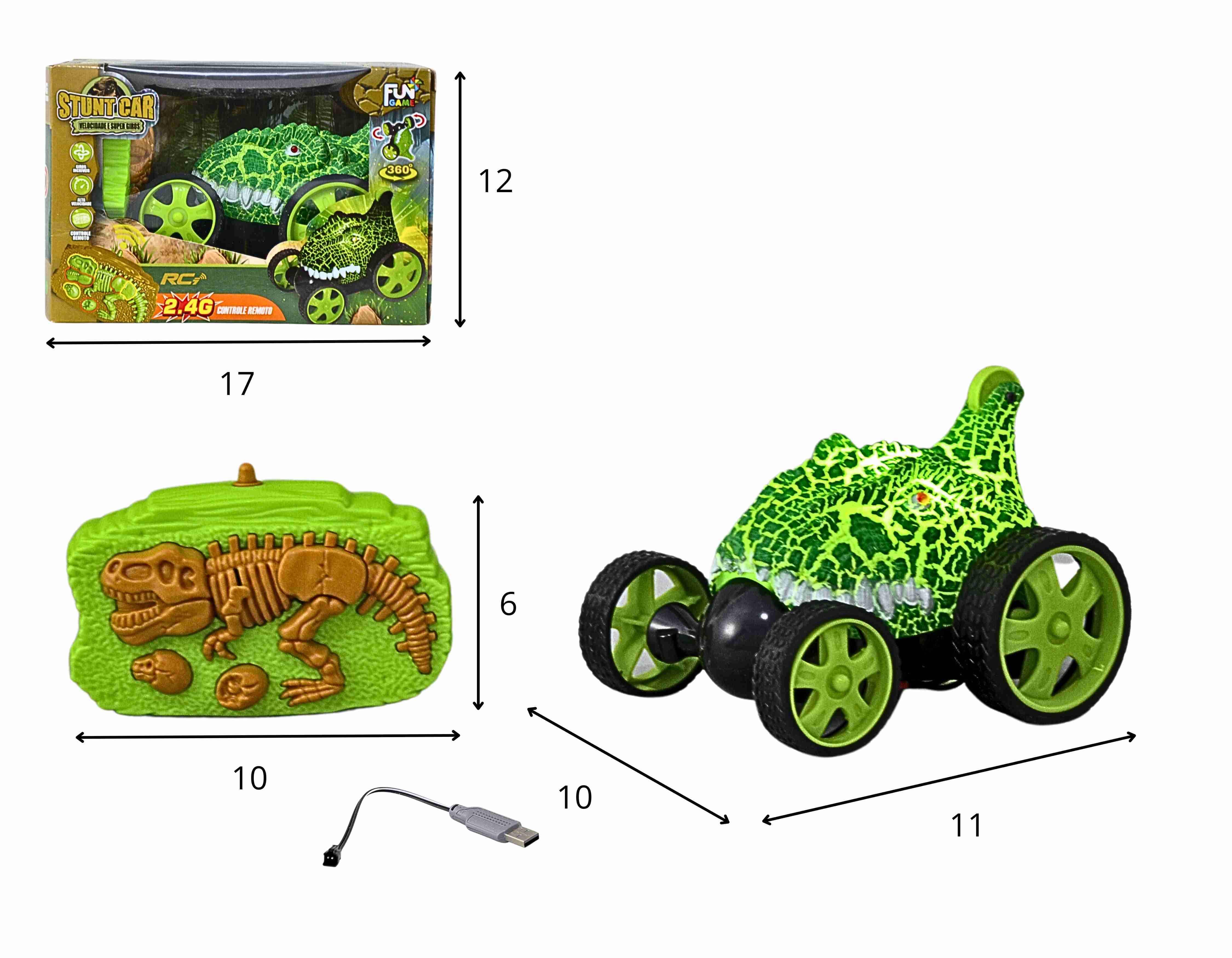 F - CARRO DINOSSAURO DE CONTROLE RECARREGAVEL QUE GIRA A FRENTE COM ILUMINAÇÃO