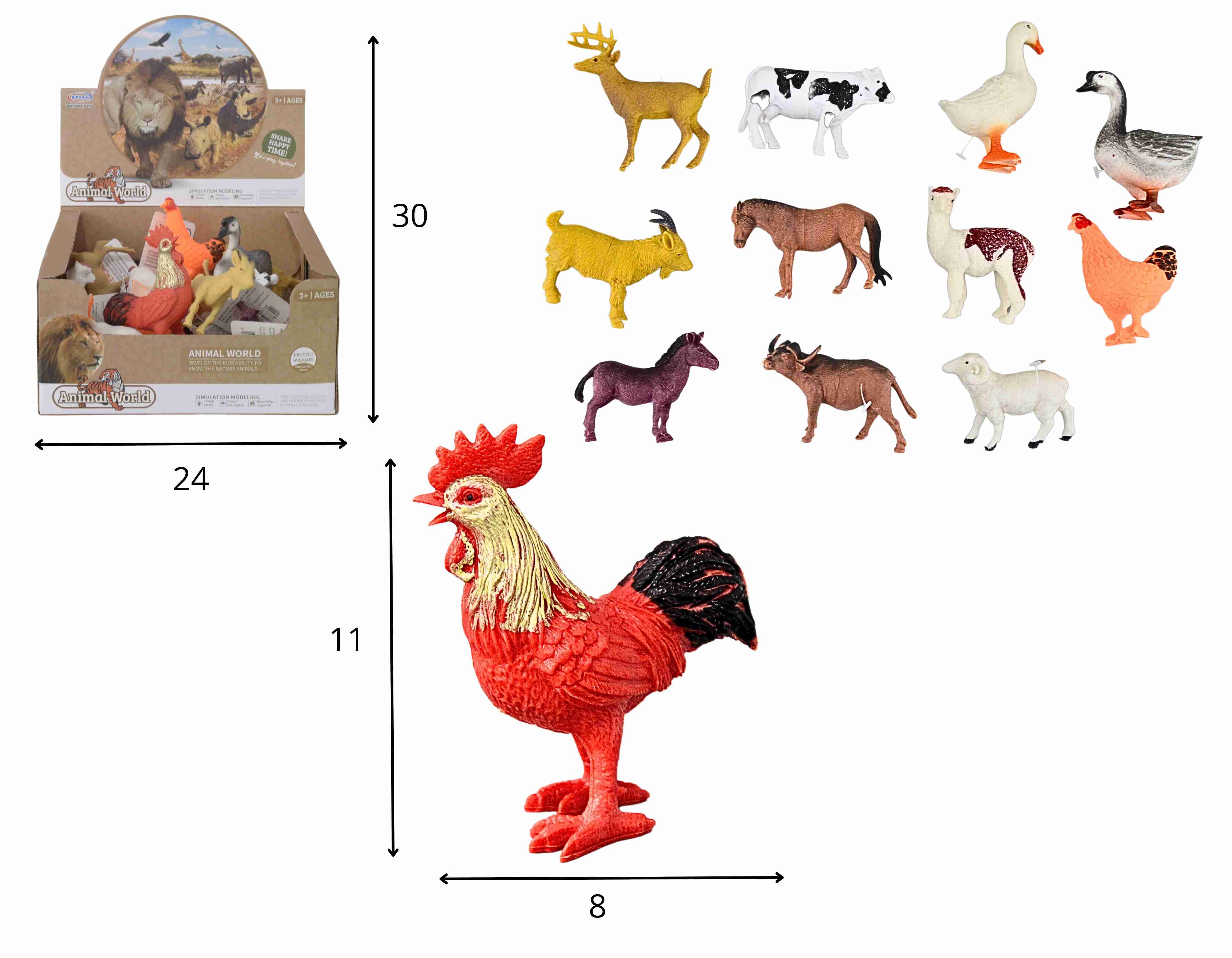A - ANIMAIS DE FAZENDA EMBORRACHADO MODELOS E CORES VARIADAS NO DISPLAY COM 24 PEÇAS