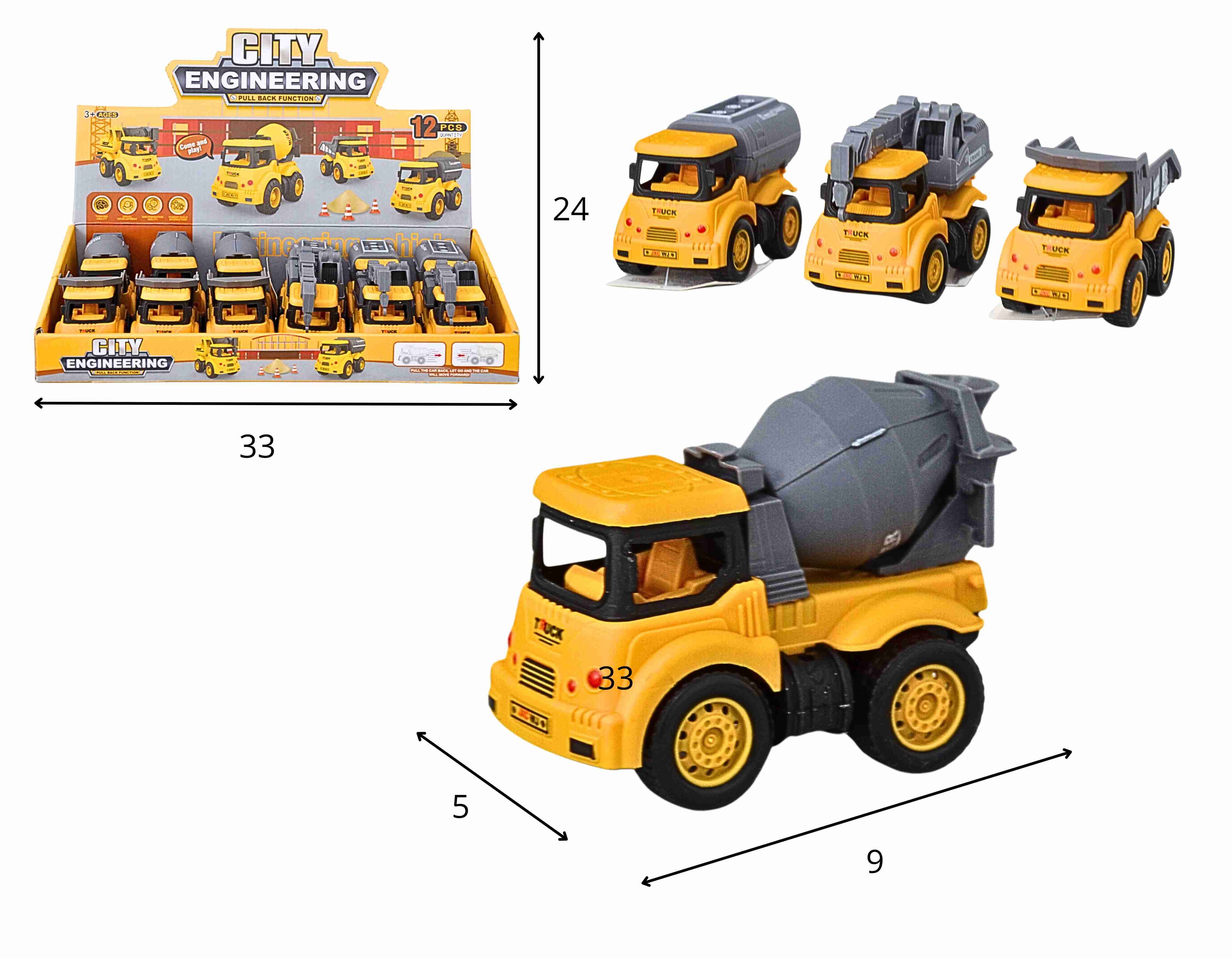 C - CAMINHAO DE CONSTRUCAO A FRICCAO COM CORES E MOLDELOS VARIADOS NO DISPLAY C/ 12 PCS