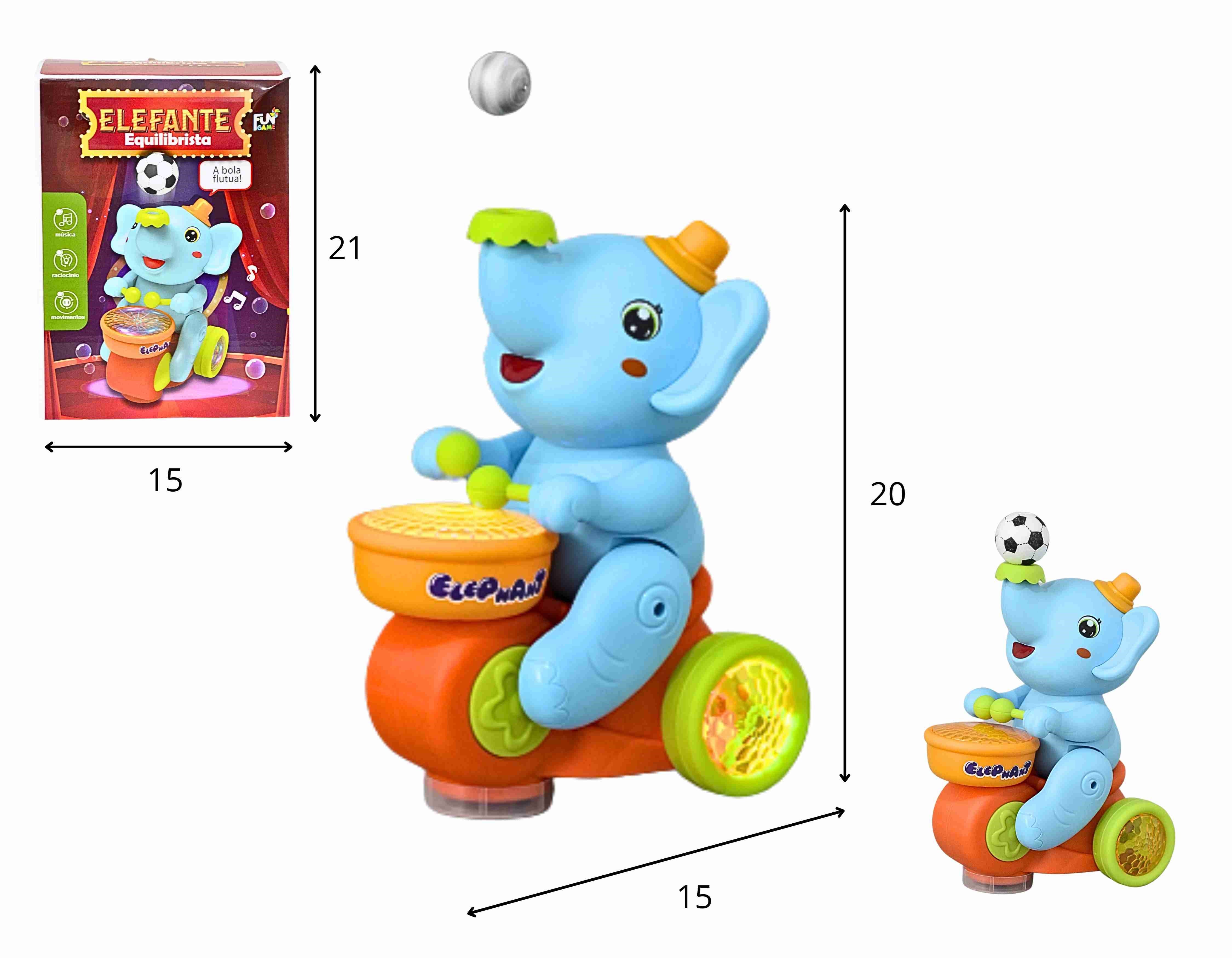 D - ELEFANTE EQUILIBRISTA BATE E VOLTA A PILHA COM SOM E ILUMINAÇÃO