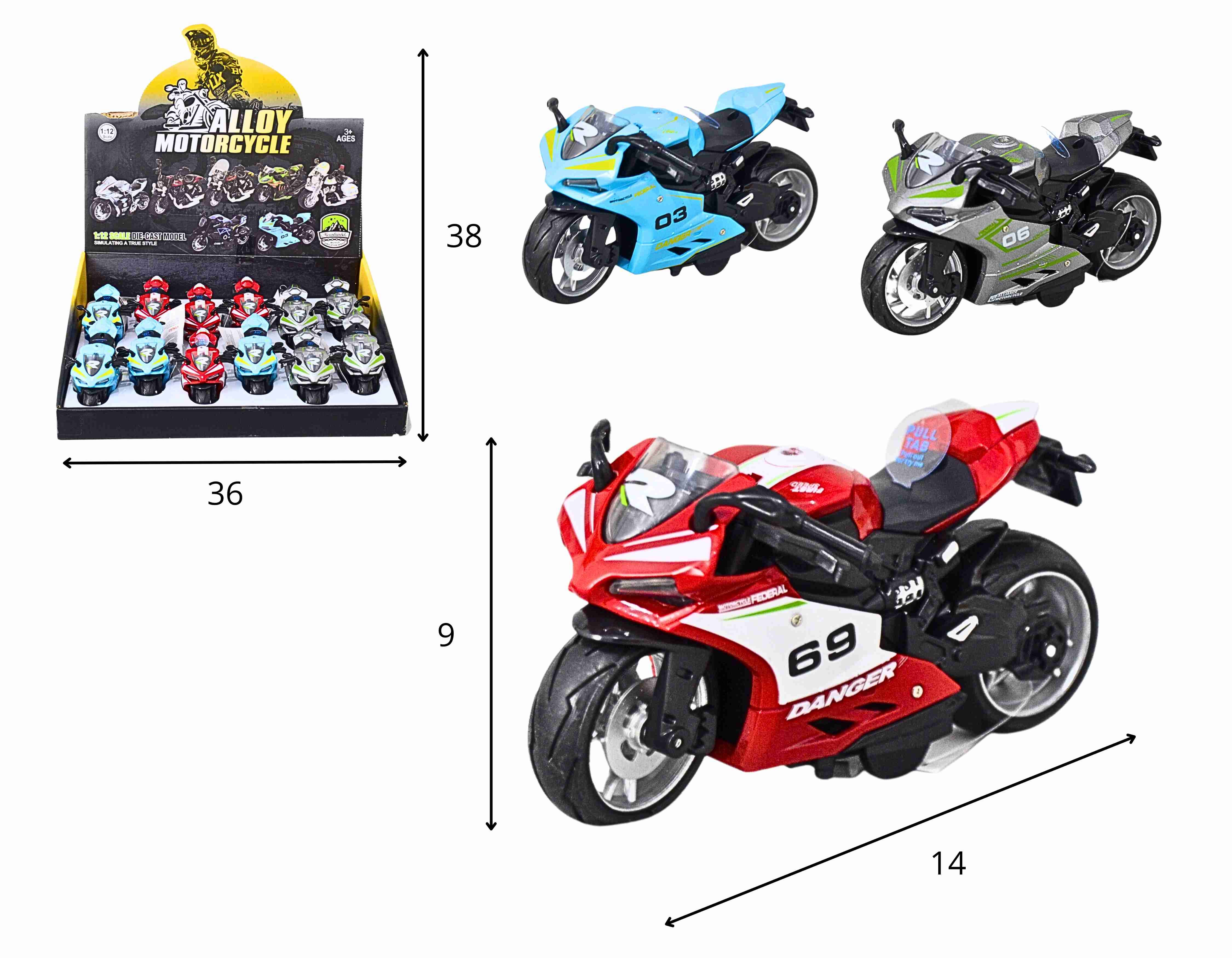C - KIT COLEÇÃO MOTO ESPORTIVA DE METAL COM SOM E LUZ A FRICCAO NO DISPLAY C/ 12 PCS E CORES VARIADAS