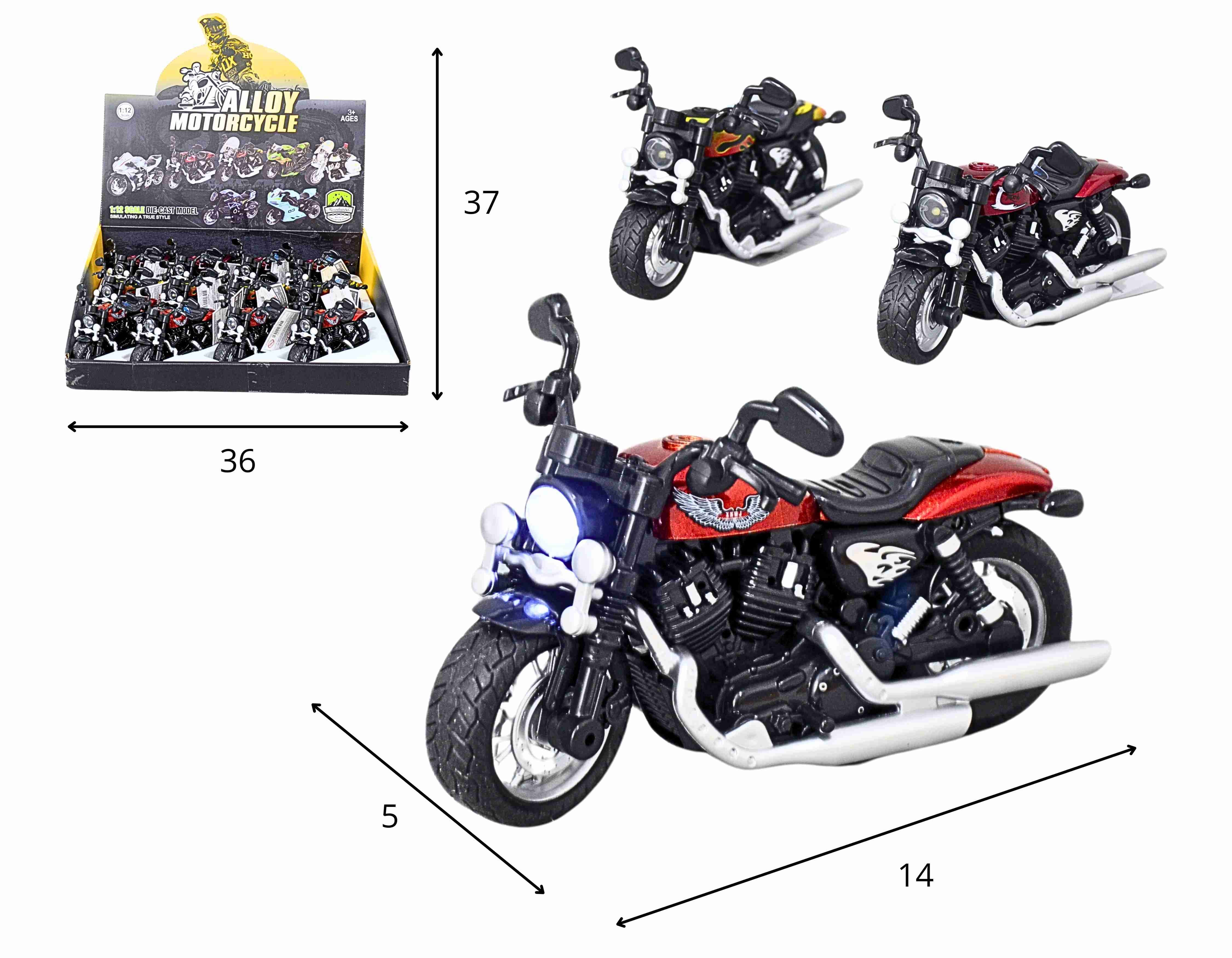 C - KIT COLEÇÃO MOTO NAKED DE METAL COM SOM E LUZ A FRICCAO NO DISPLAY C/ 12 PCS E CORES VARIADAS