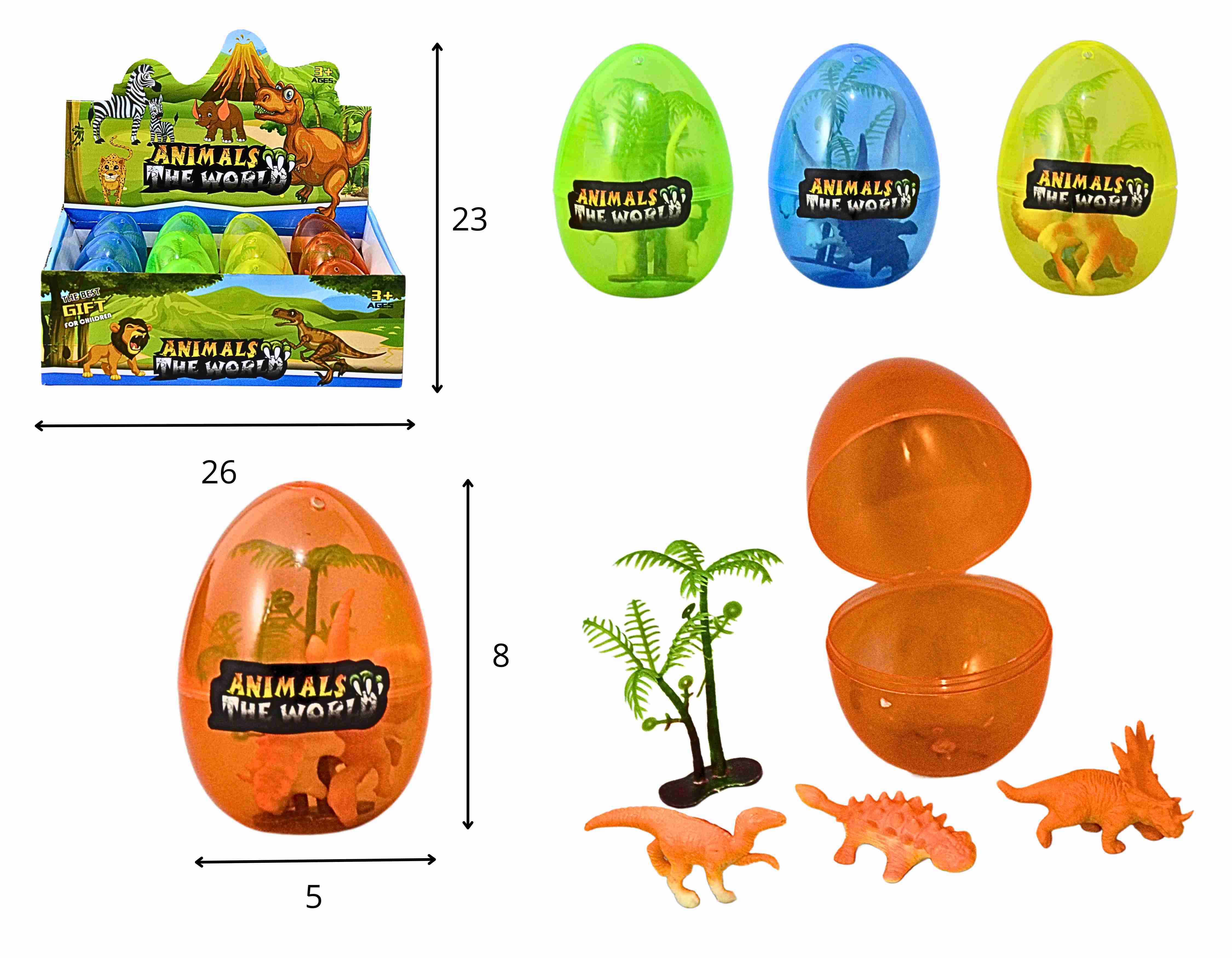 A - OVO TRANSLUCIDO COM 3 DINOSSAUROS E ACESSORIO DENTRO, NO DISPLAY COM 12 PCS
