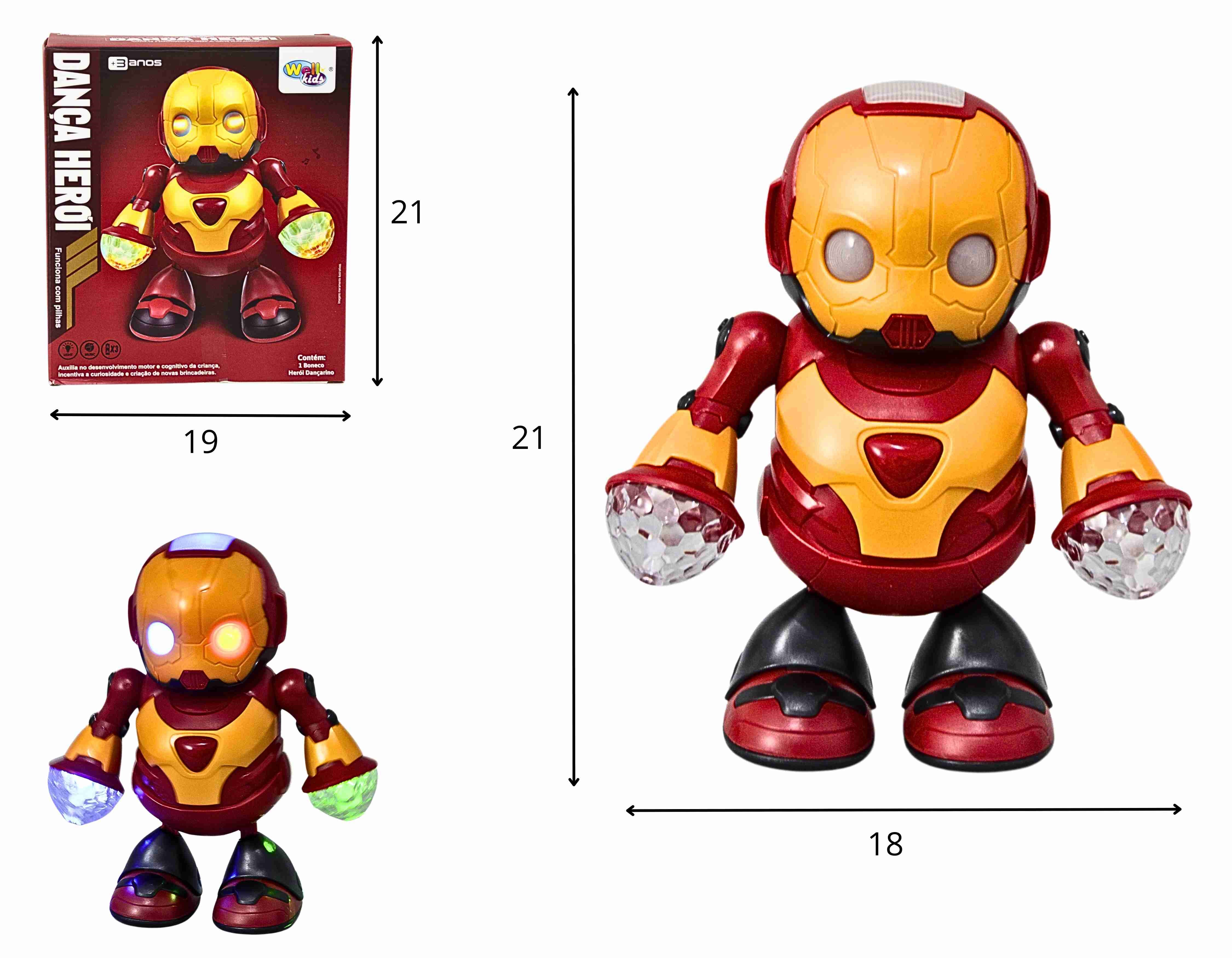 D - ROBO HOMEM DE FERRO A PILHA QUE DANÇA COM SOM E ILUMINAÇÃO