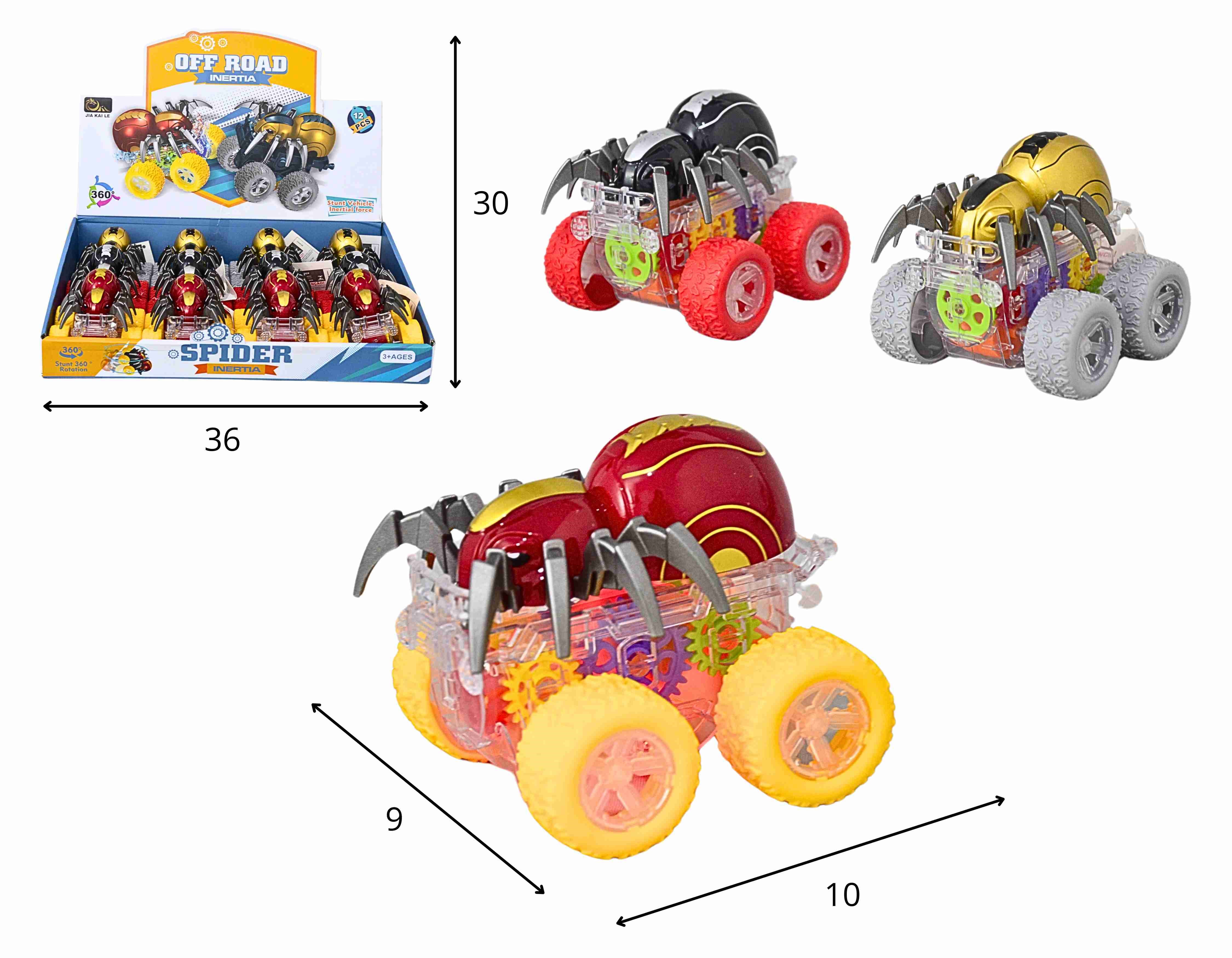 C - KIT CARROS BIG FOOT ARANHA A FRICCAO, COM CORES VARIADAS, LUZ E SUSPENSAO TRANSPARENTE
