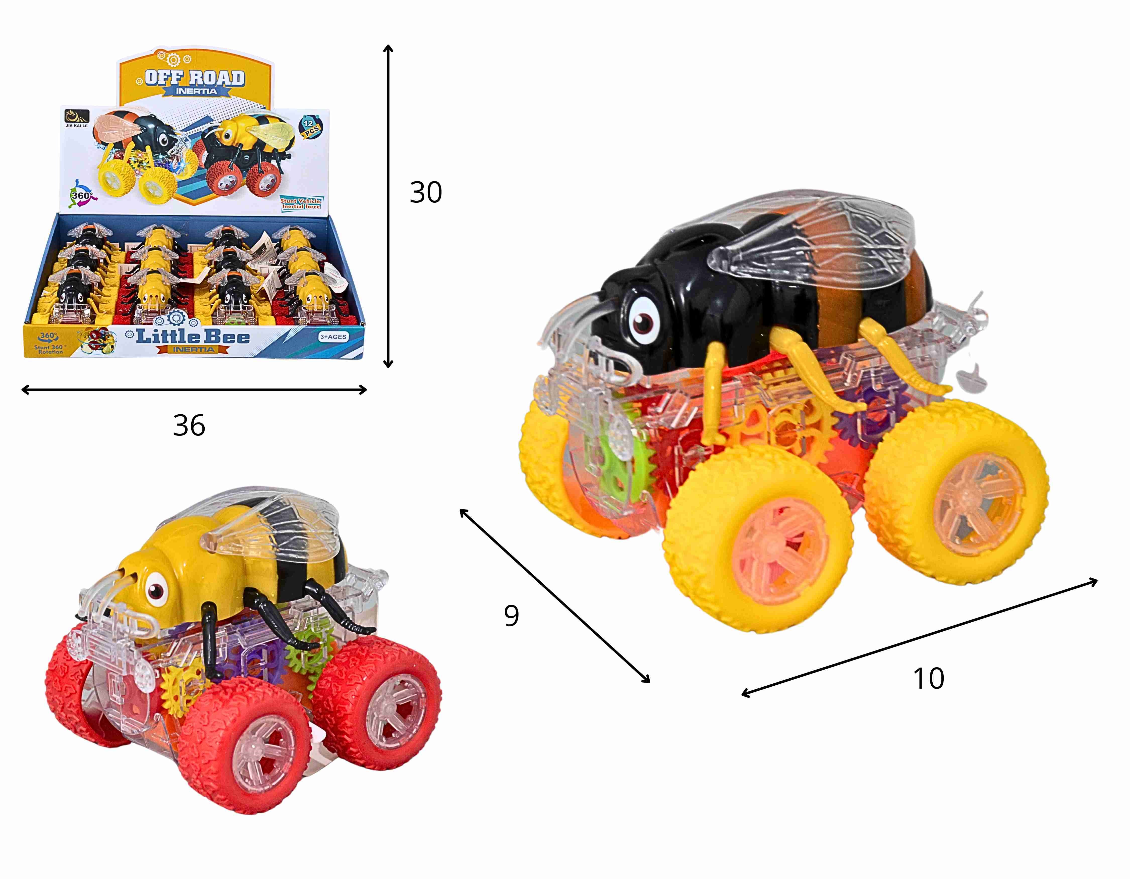 C - KIT CARROS BIG FOOT ABELHA A FRICCAO, COM CORES VARIADAS, LUZ E SUSPENSAO TRANSPARENTE
