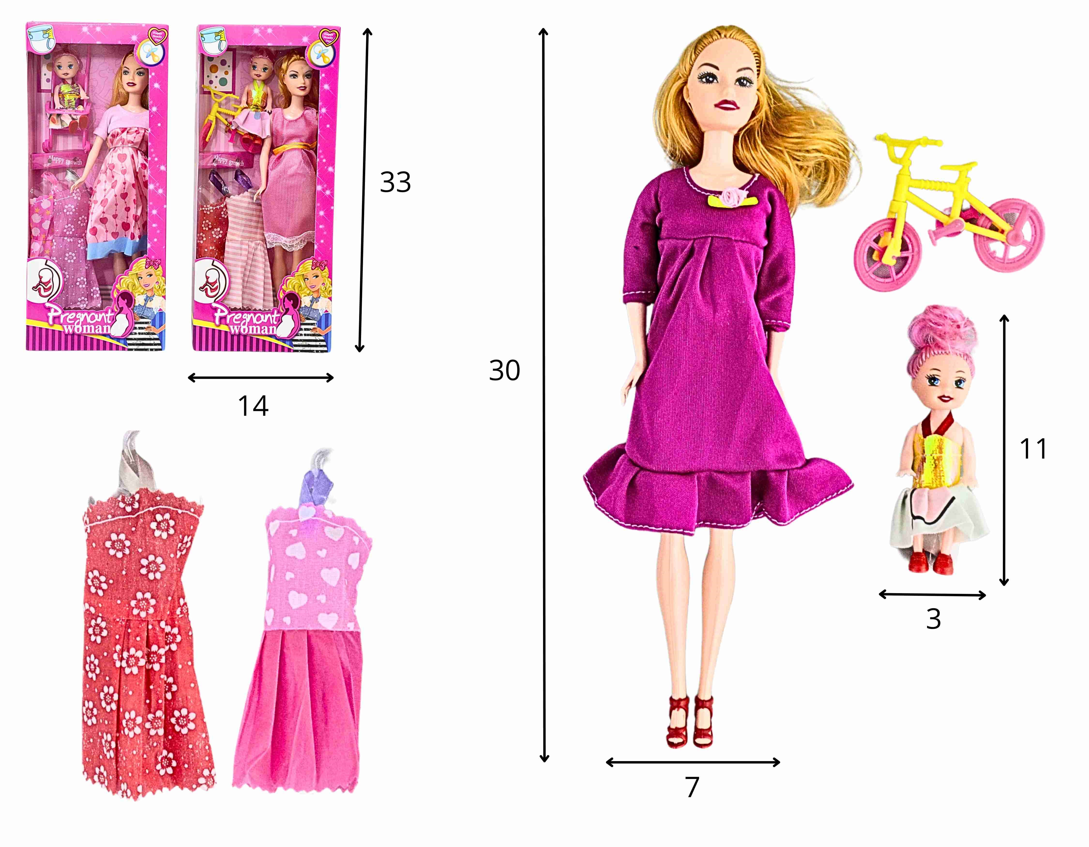 C - BONECA GRAVIDA, FILHA, BICICLETA E VESTIDOS DE ACESSÓRIOS