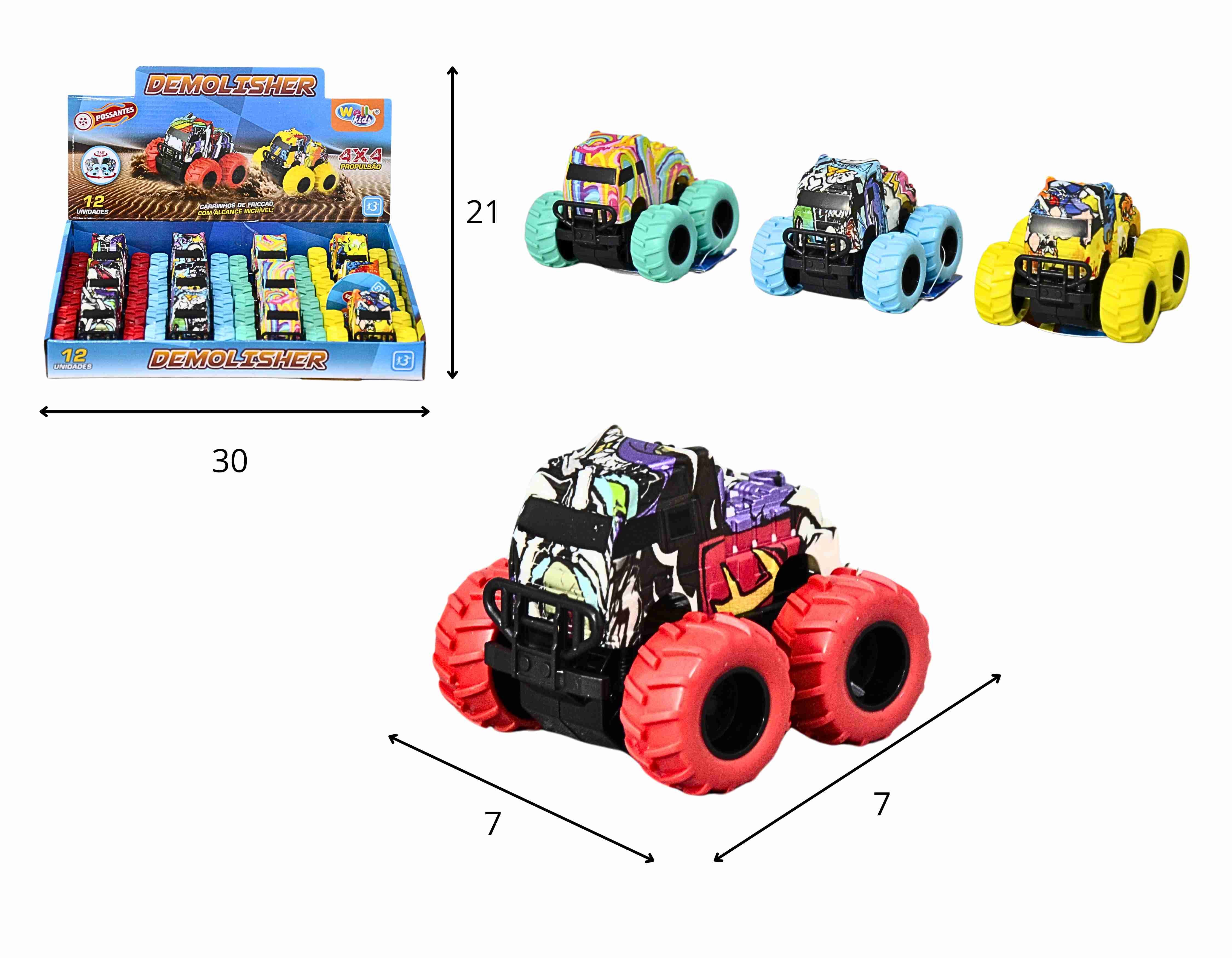C - KIT CAMINHAO COLORIDO A FRICCAO COM RODA GRANDE E CORES VARIADAS NO DISPLAY C/ 12 PCS