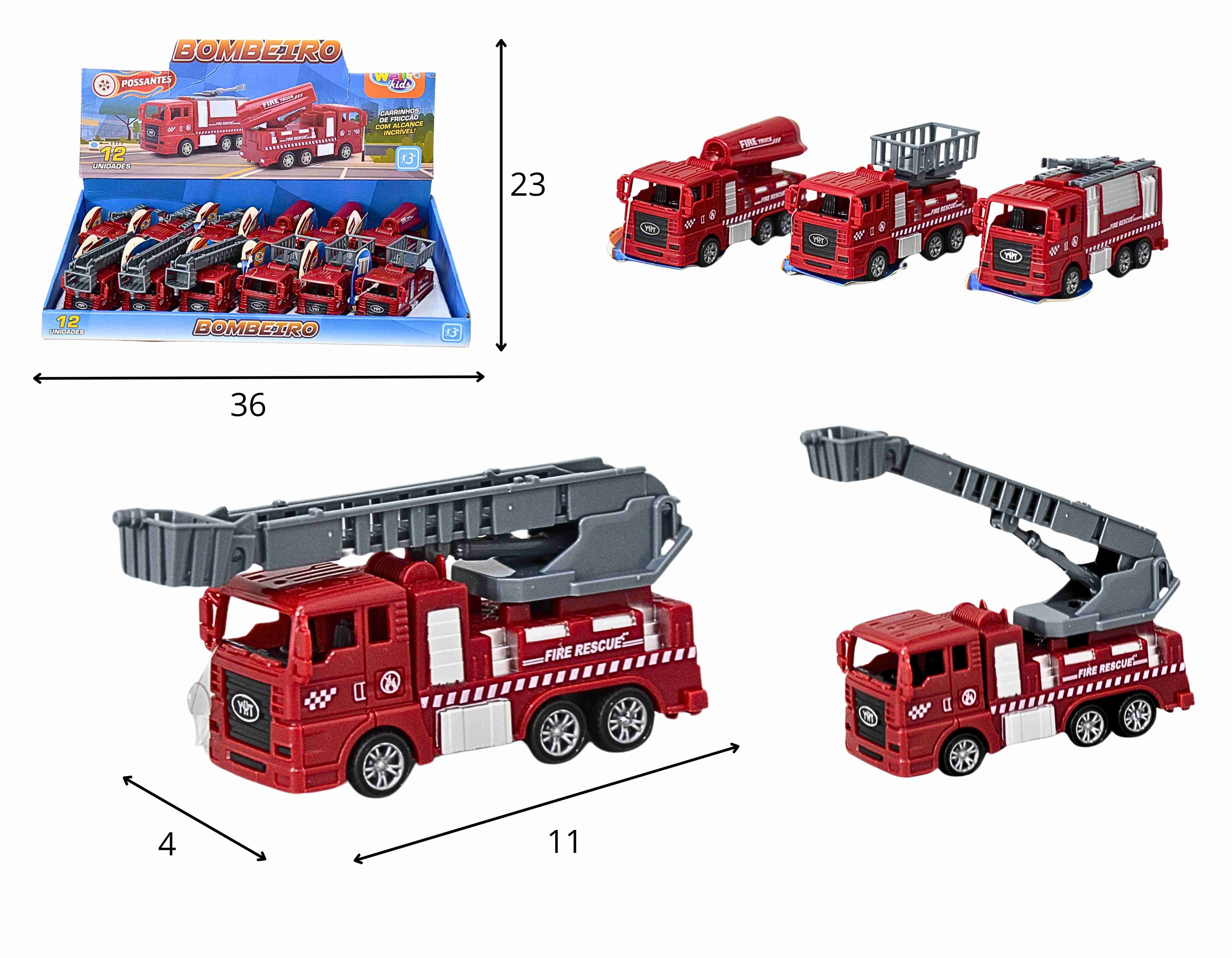 C - KIT CAMINHAO BOMBEIRO A FRICCAO COM MODELOS VARIADOS NO DISPLAY C/ 12 PCS