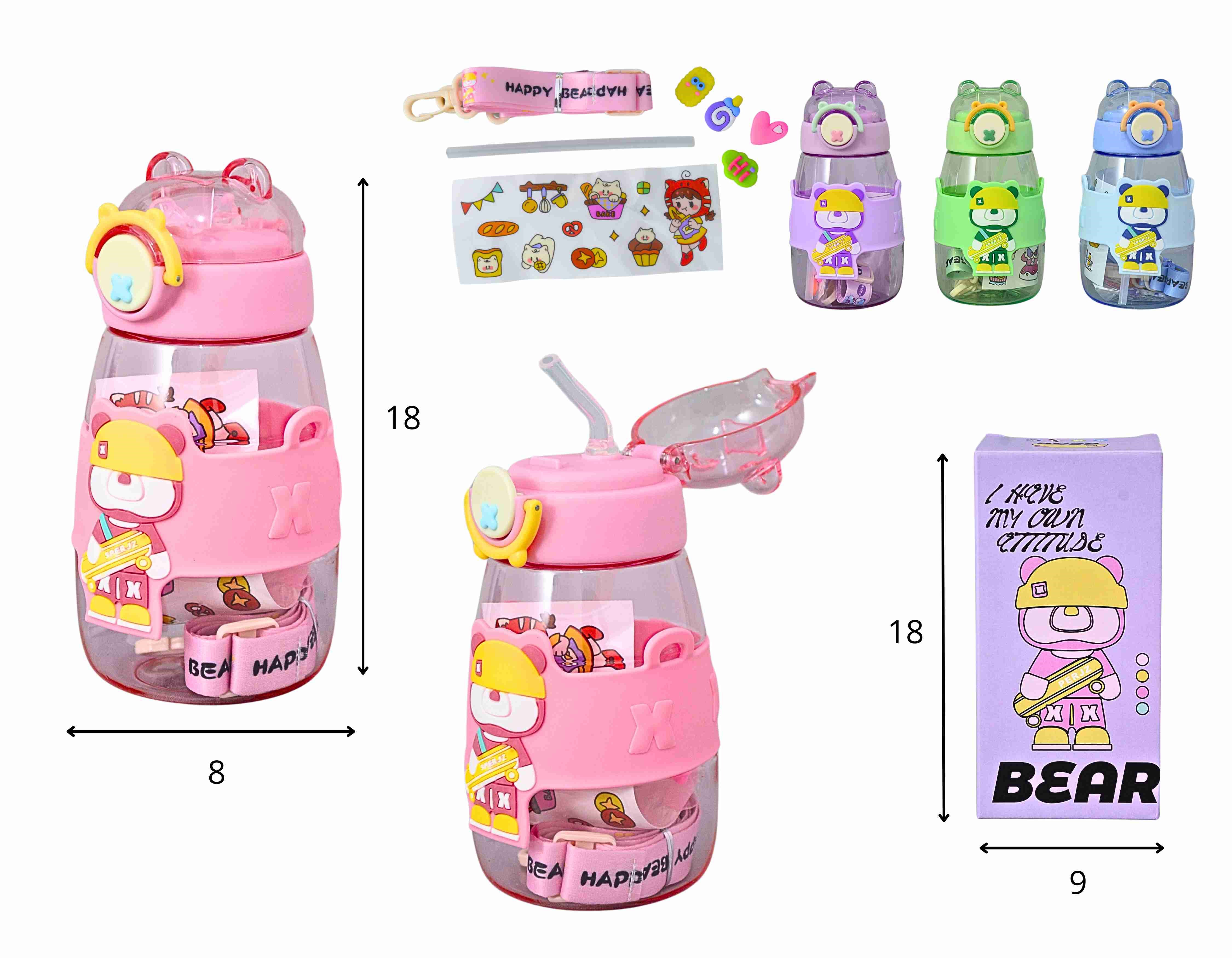 A - GARRAFA INFANTIL TEMA URSO COM ALÇA E ADESIVOS COM CORES VARIADAS 600 ML