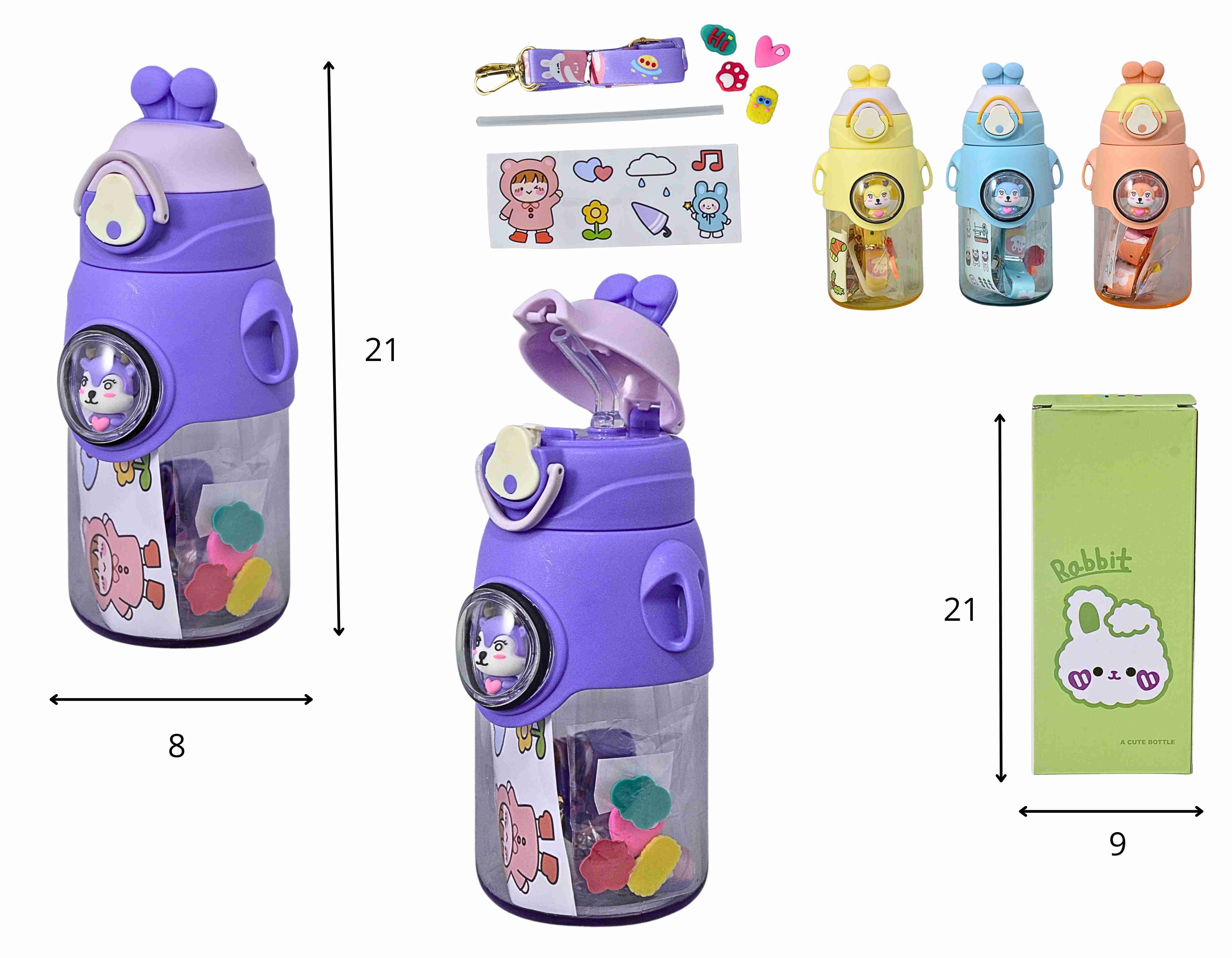 Y - GARRAFA INFANTIL TEMA BICHOS COM ALÇA, ADESIVOS E CORES VARIADAS 750 ML