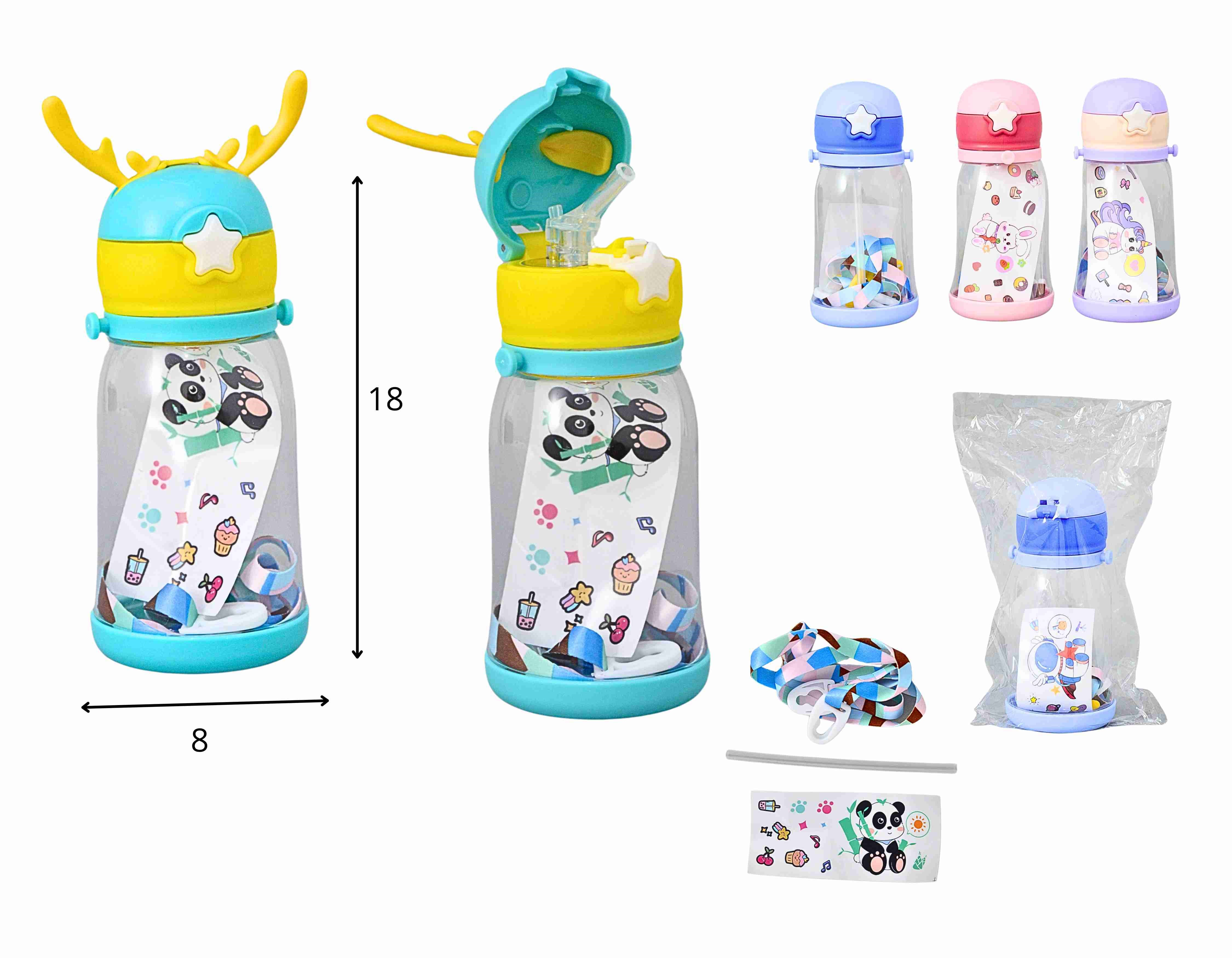 A - GARRAFA INFANTIL COM ALÇA, ADESIVOS E CORES VARIADAS 500 ML
