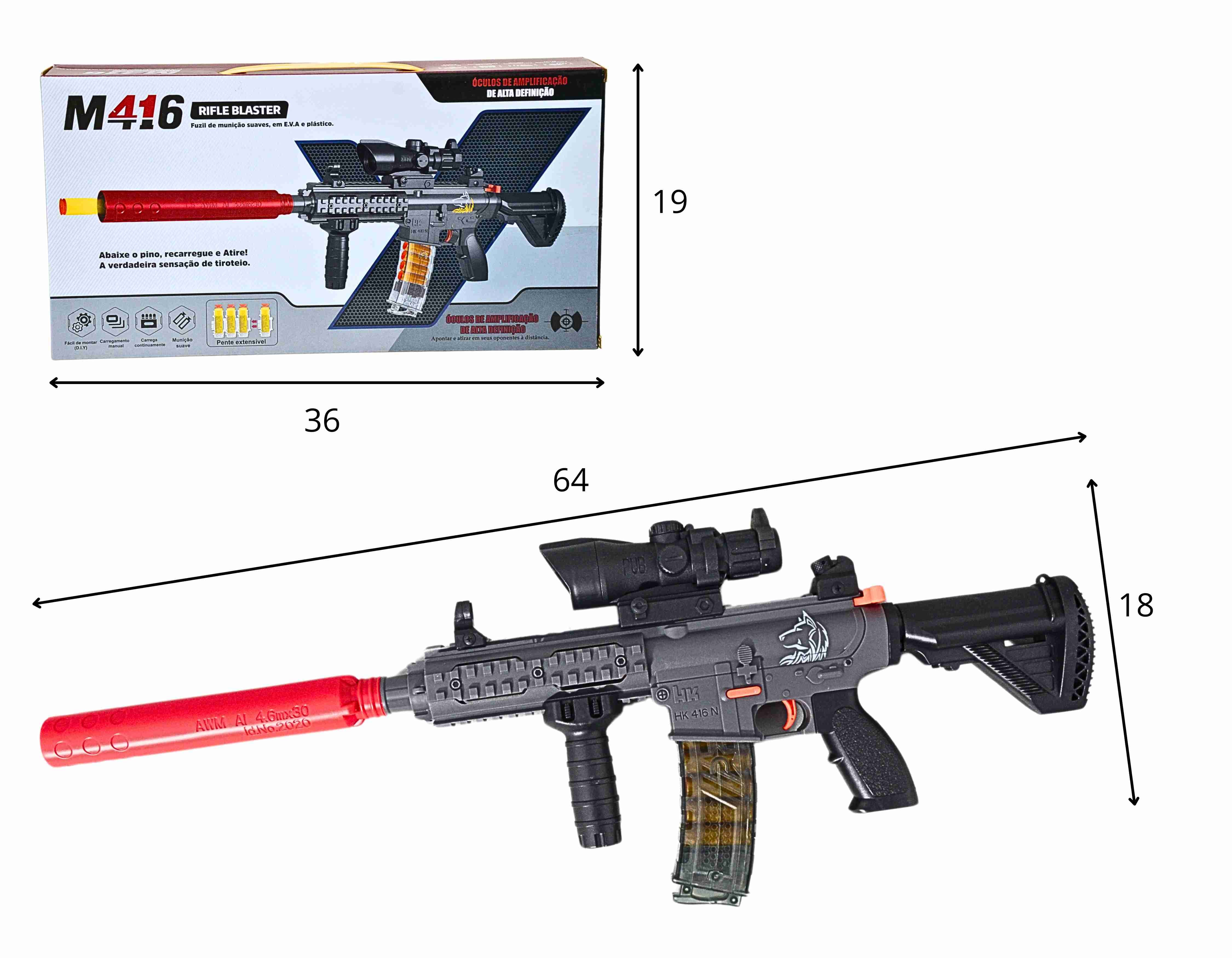 E - RIFLE M416 LANÇA DARDOS, ACOMPANHA 10 DARDOS E 7 CAPSULA NA CAIXA COM CORES VARIADAS
