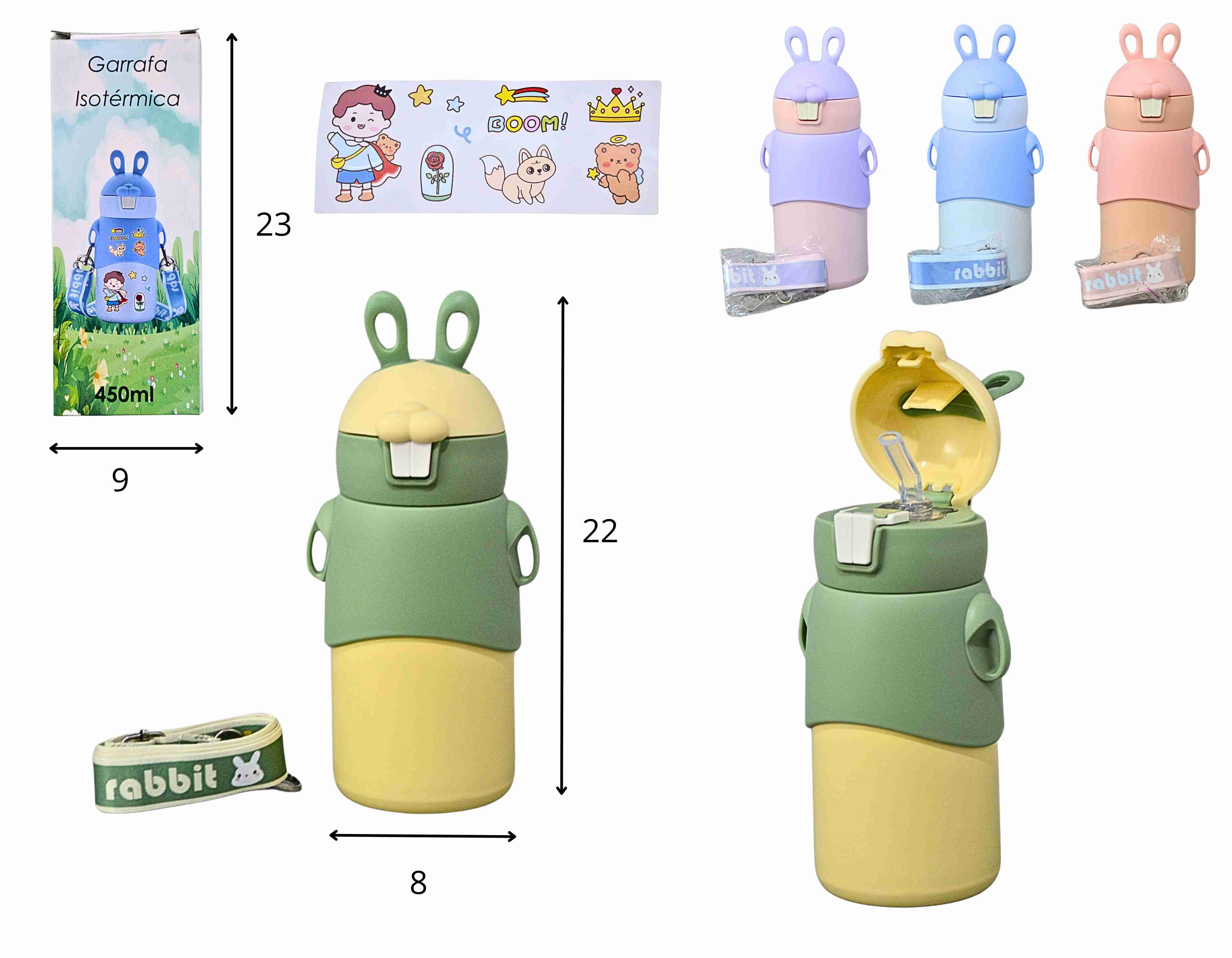 Y - GARRAFA INFANTIL ISOTERMICA TEMA COELHINHO COM ALÇA, ADESIVOS E CORES VARIADAS 450ML