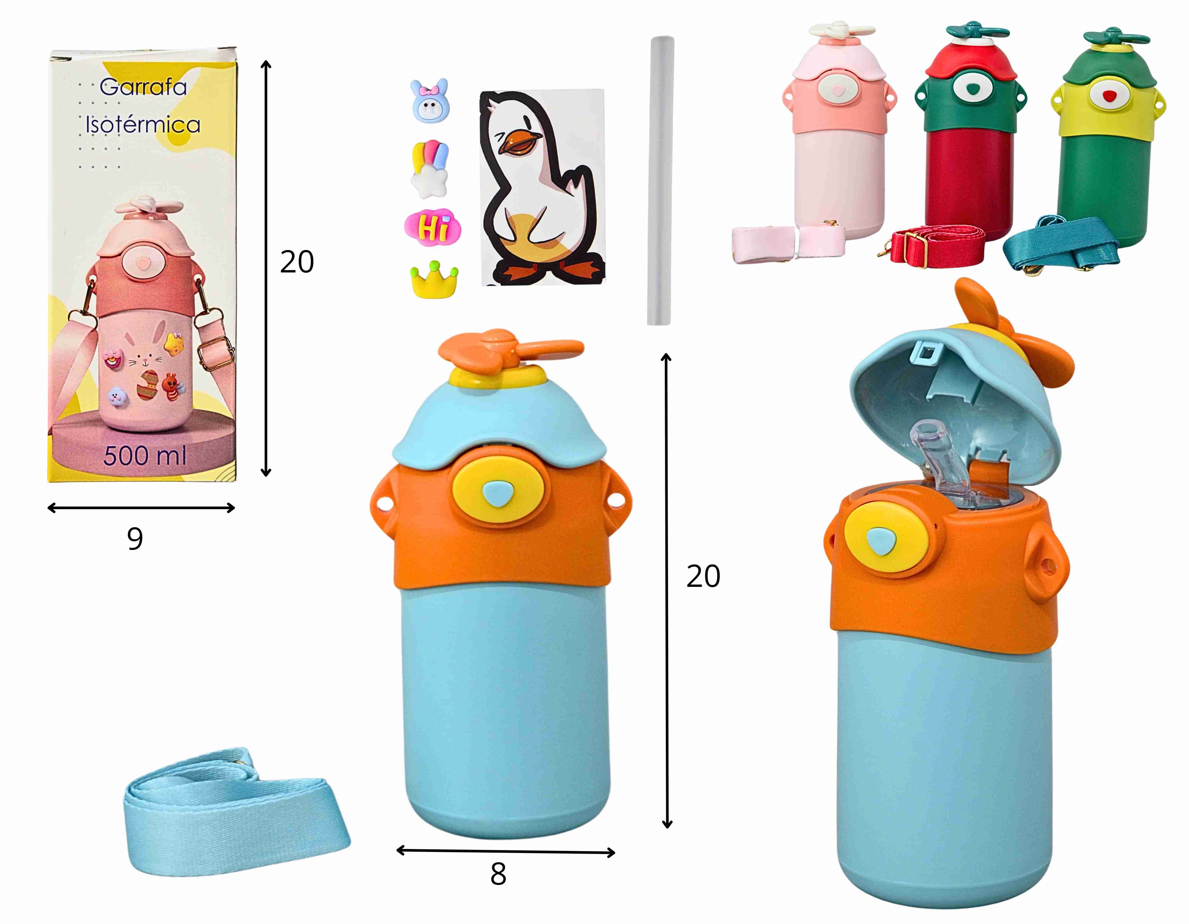 Y - GARRAFA INFANTIL ISOTERMICA HELICE COM ALÇA, ADESIVOS E CORES VARIADAS 500ML