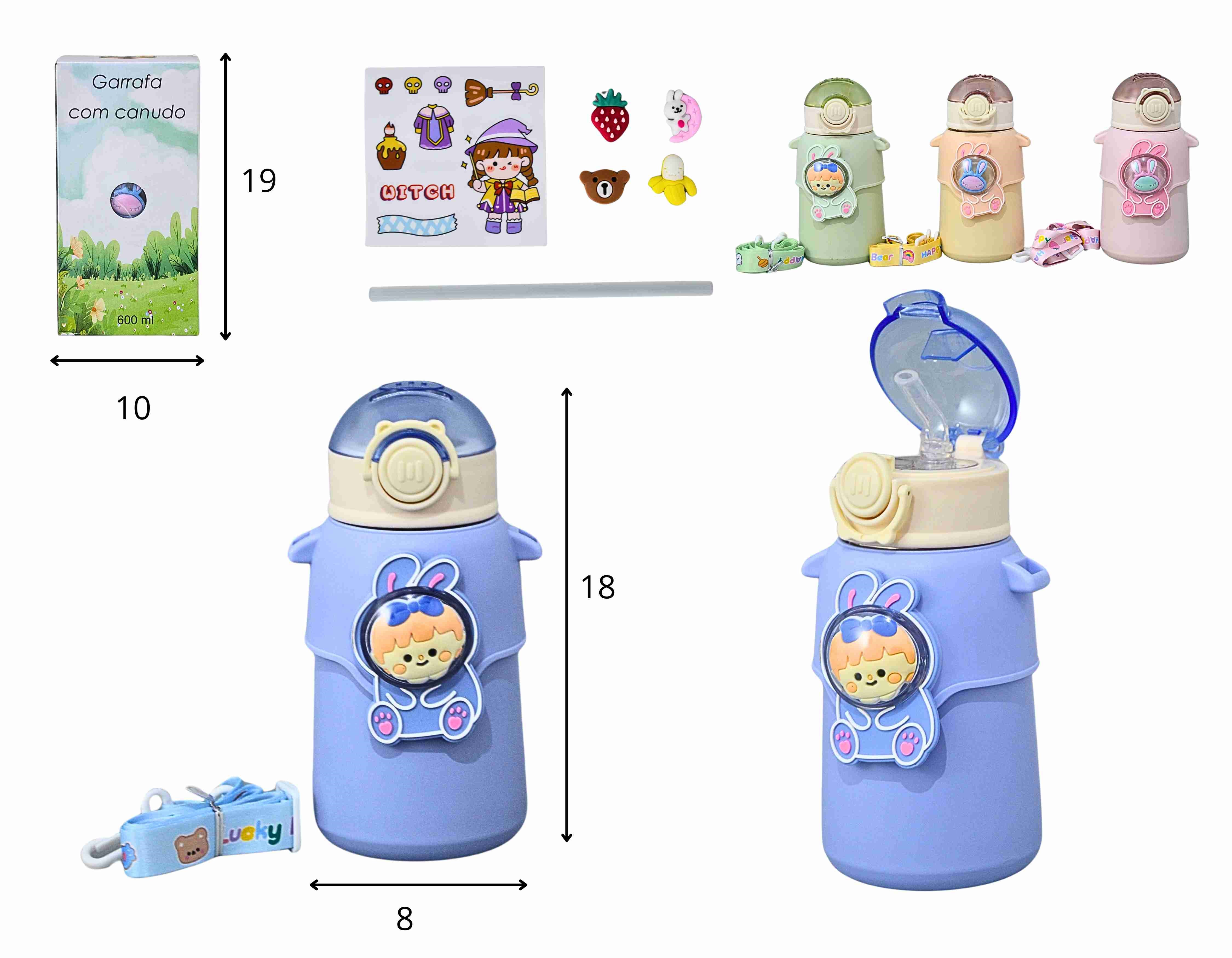 Y - GARRAFA INFANTIL ISOTERMICA COM ALÇA, ADESIVOS E CORES VARIADAS 600ML