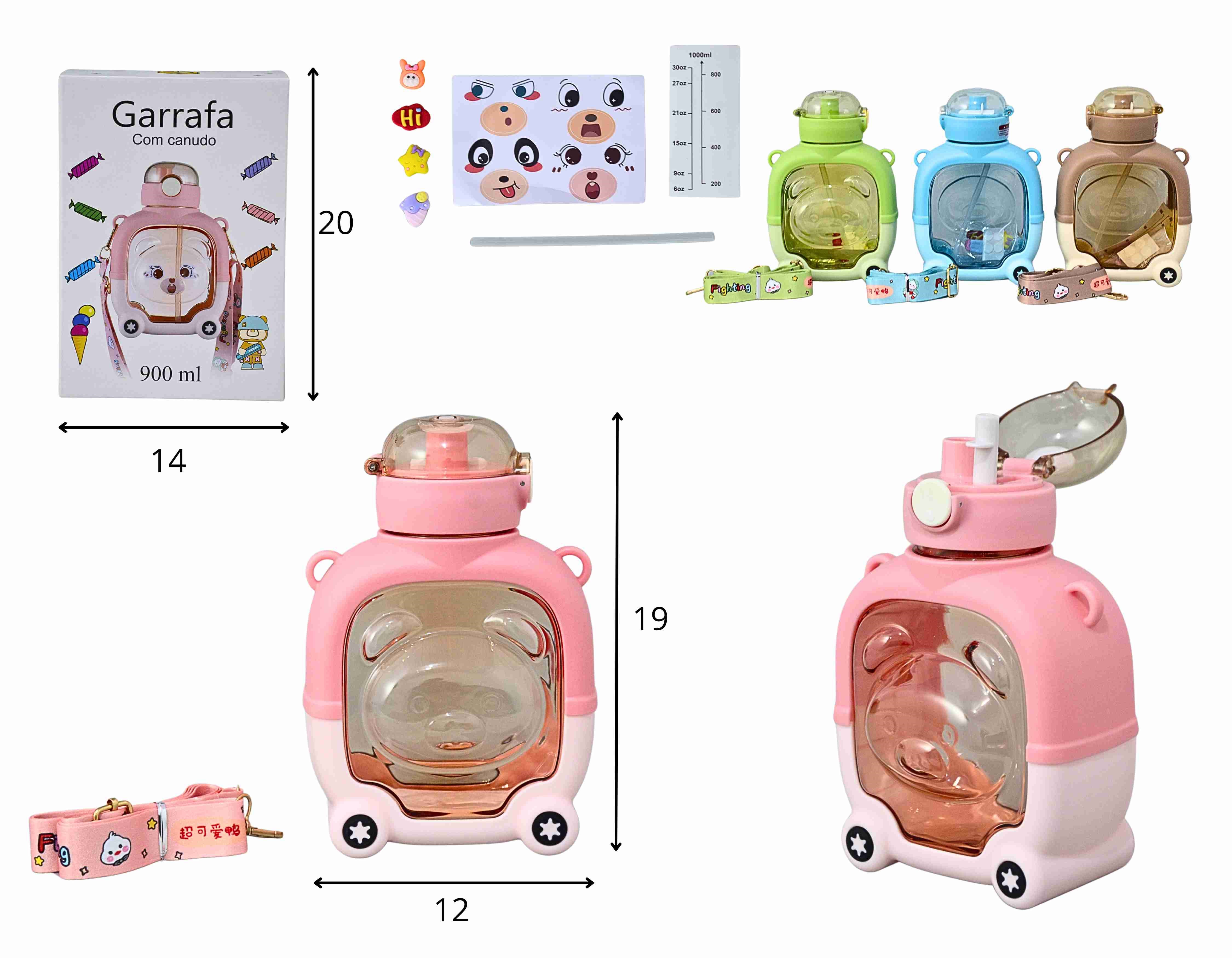 Y - GARRAFA INFANTIL TEMA URSO COM ALÇA, ADESIVOS E CORES VARIADAS 900 ML