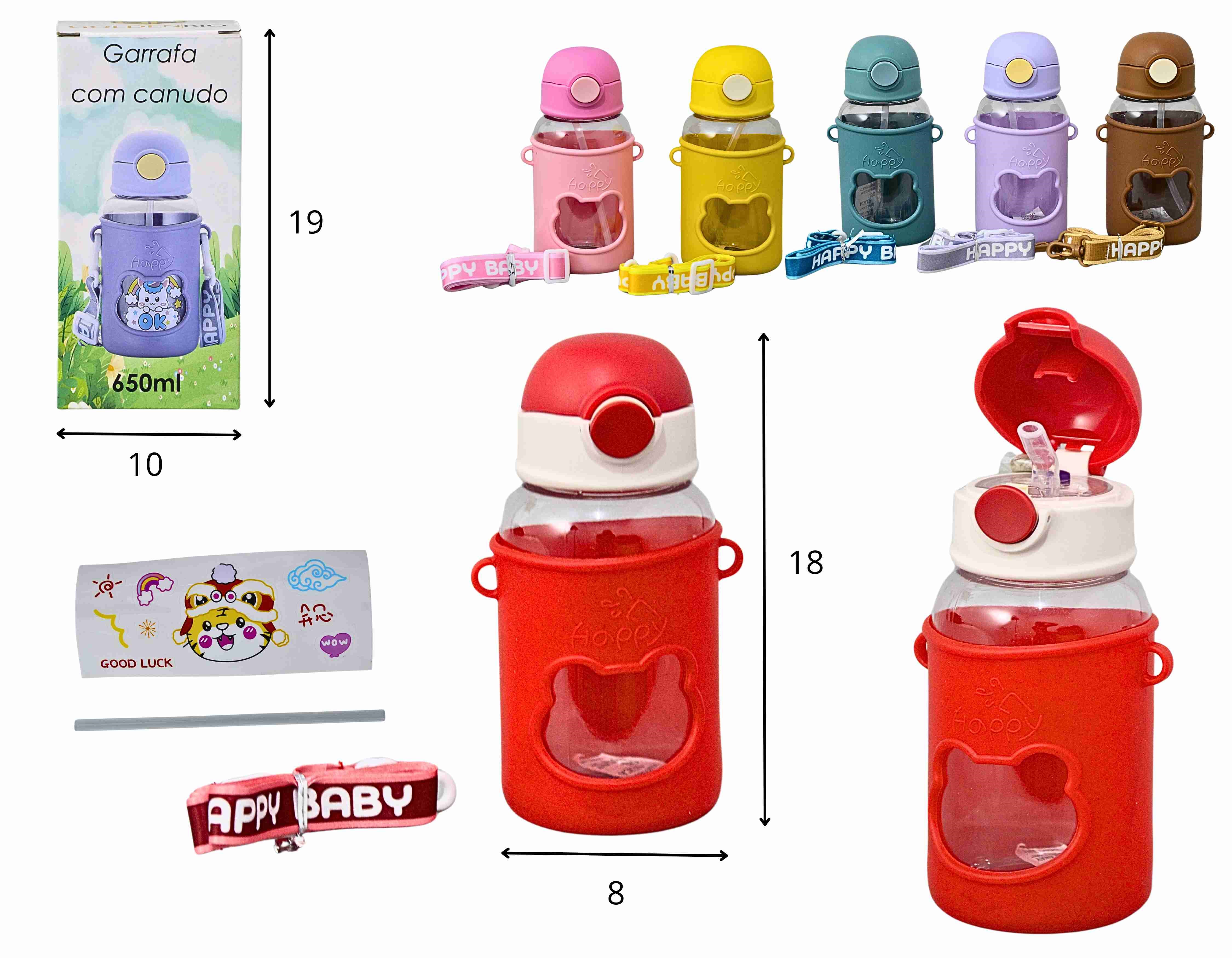 A - GARRAFA INFANTIL COM ALÇA, ADESIVOS E CORES VARIADAS 650 ML