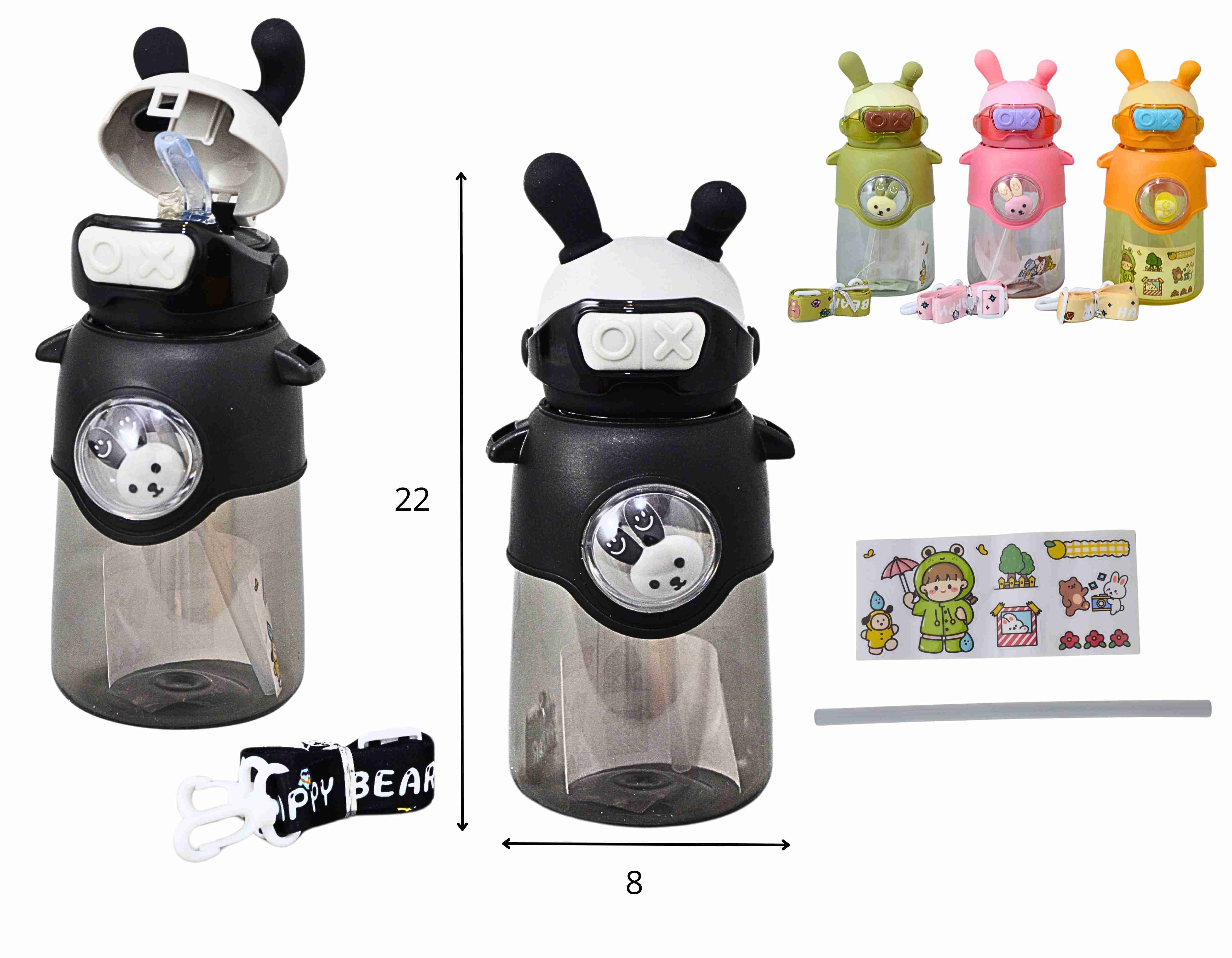 Y - GARRAFA INFANTIL TEMA COELHINHO COM ALÇA, ADESIVOS E CORES VARIADAS 500 ML