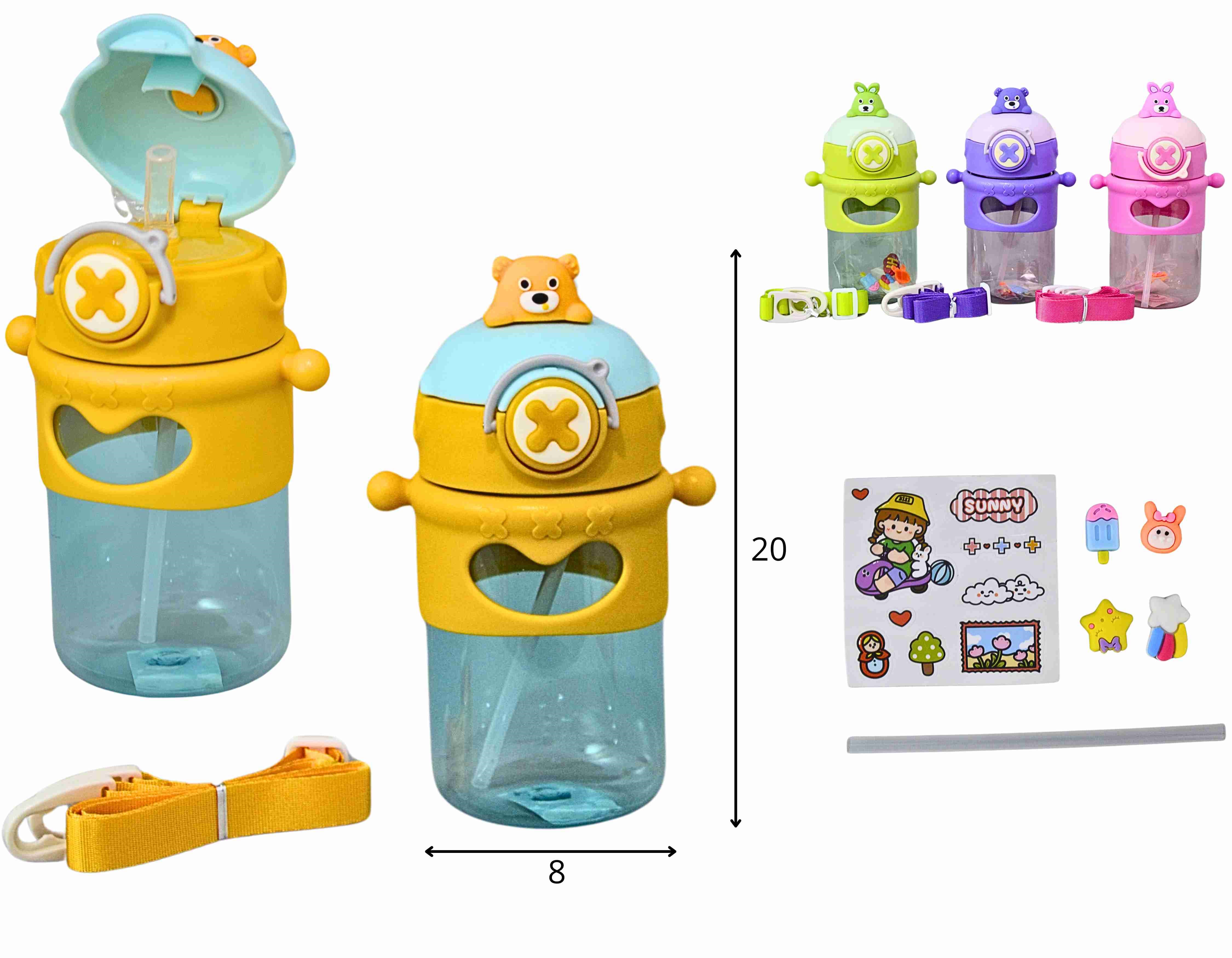 A - GARRAFA INFANTIL BICHOS COM ALÇA, ADESIVOS E CORES VARIADAS 680 ML