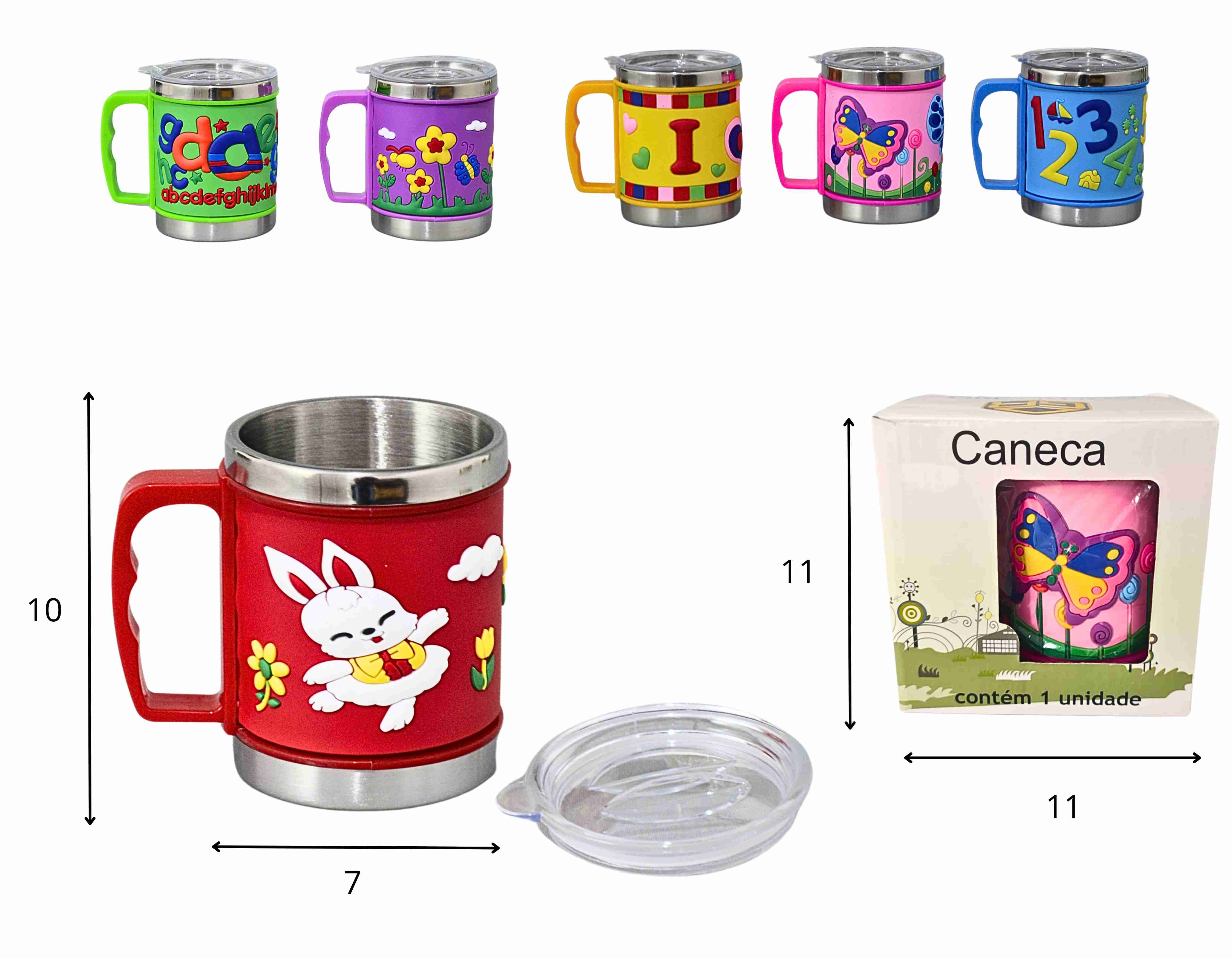 A - CANECA INFANTIL INOX COM TAMPA, ACABAMENTO EMBORRACHADO, MODELOS VARIADOS 350ML