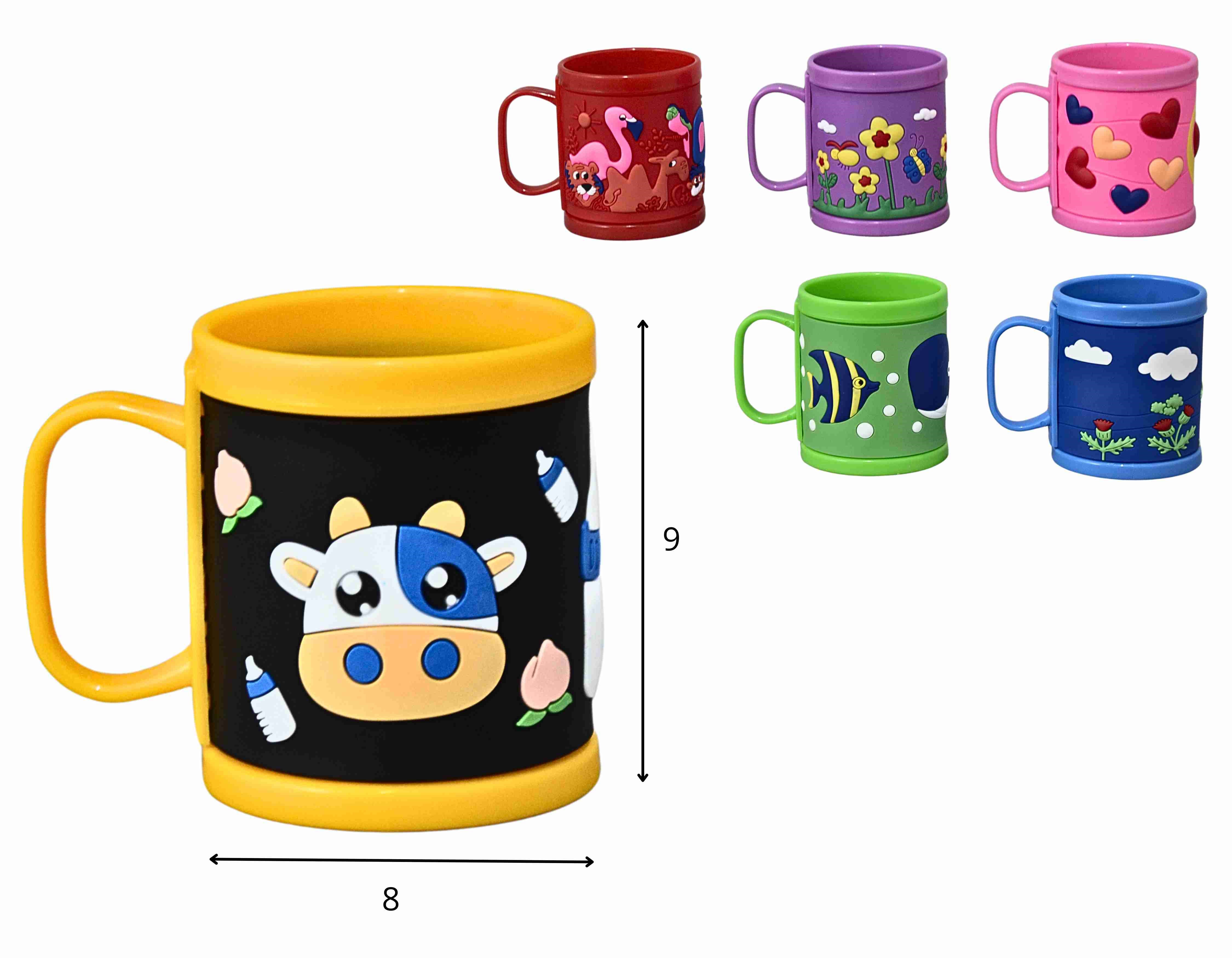 B - CANECA INFANTIL PLASTICO COM ACABAMENTO EMBORRACHADO E MODELOS VARIADOS 350 ML