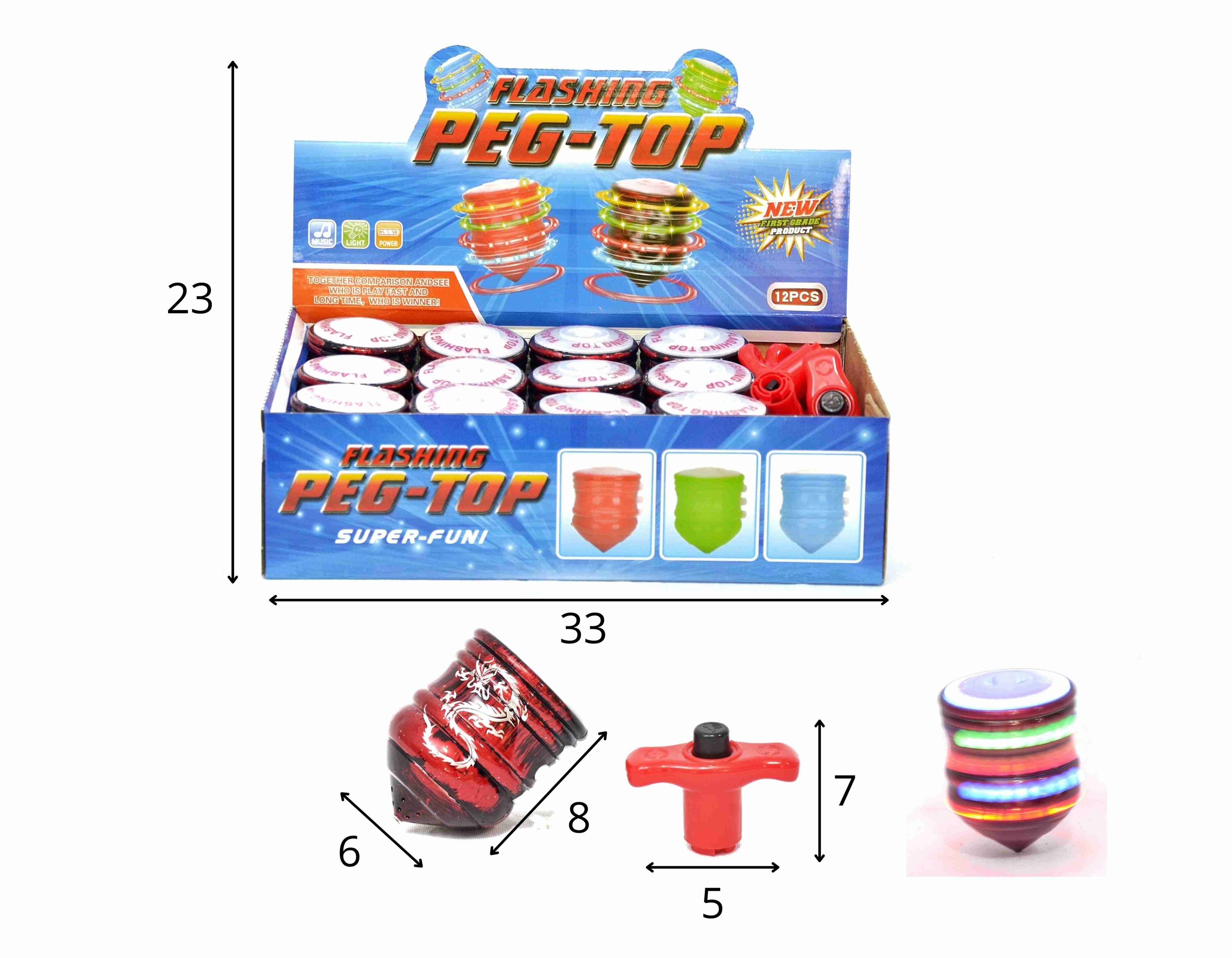 B - PIÃO FLASHING PEG-TOP COM SOM E ILUMINAÇÃO DISPLAY C/ 12 PEÇAS