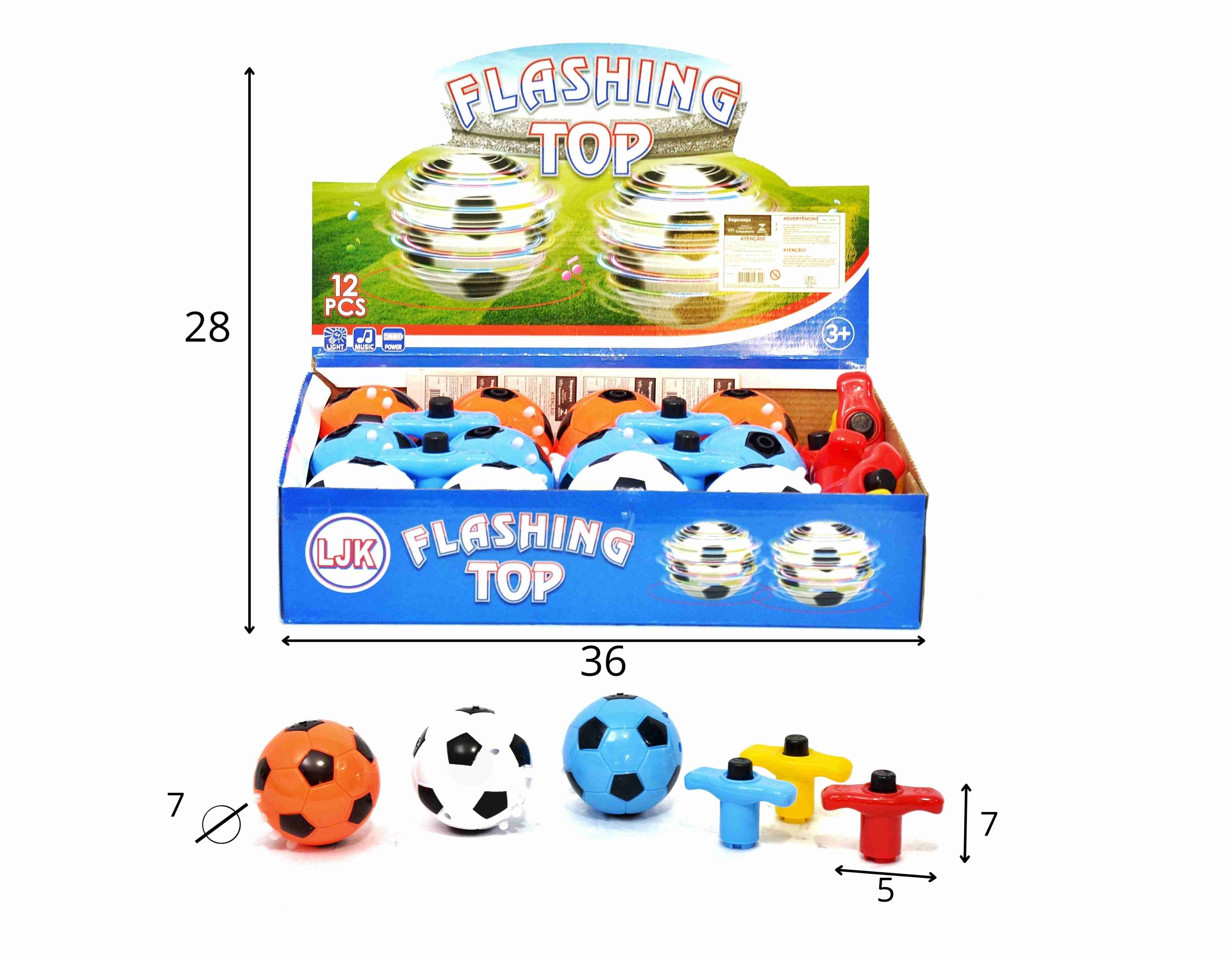 B - PIÃO FLASHING TOP BOLA DISPLAY C/ 12 PEÇAS C/ SOM E ILUMINAÇÃO 