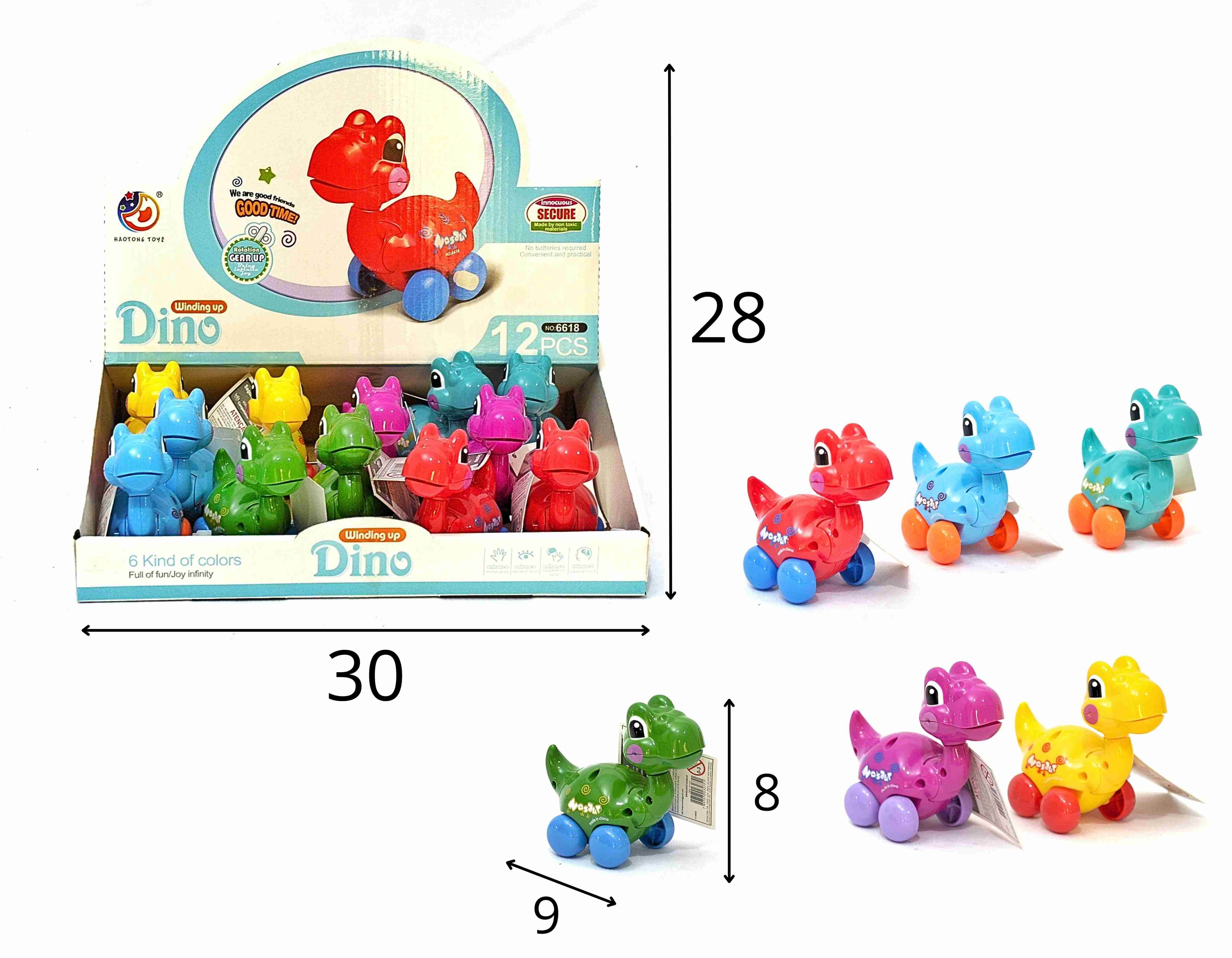 E - DINOSSAURO Á CORDA DISPLAY C/ 18 PÇS CORES VARIADAS 
